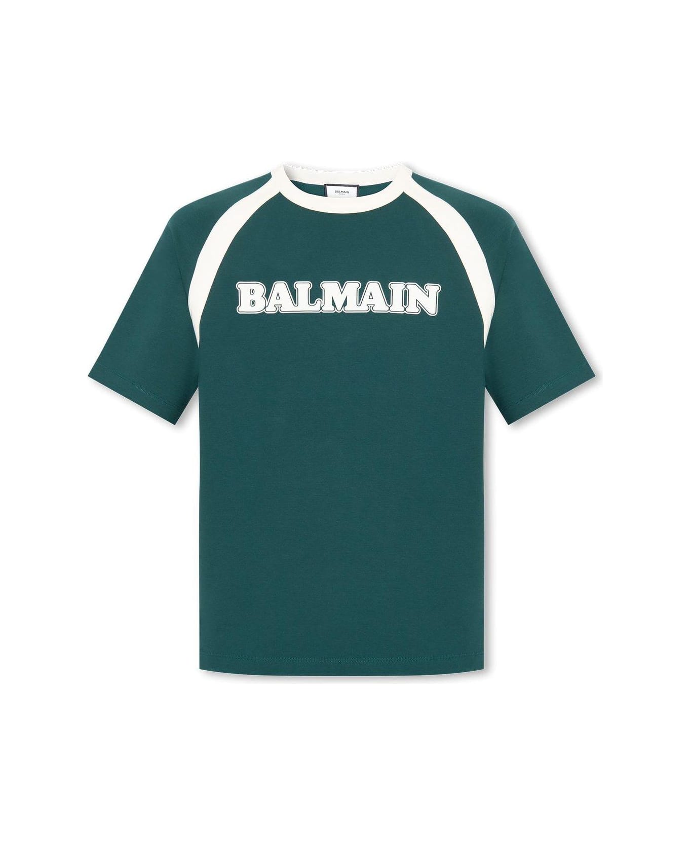 Balmain Logo Printed Crewneck T-shirt - Vert fonce\creme