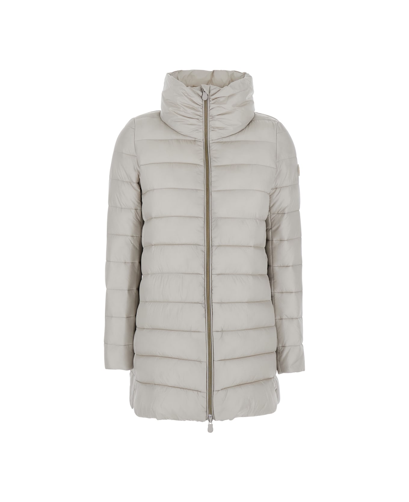 Save the Duck 
lydia
 Beige Down Jacket With High Neck And Logo Patch On The Sleeve In Tech Fabric Woman - Rainy Beige