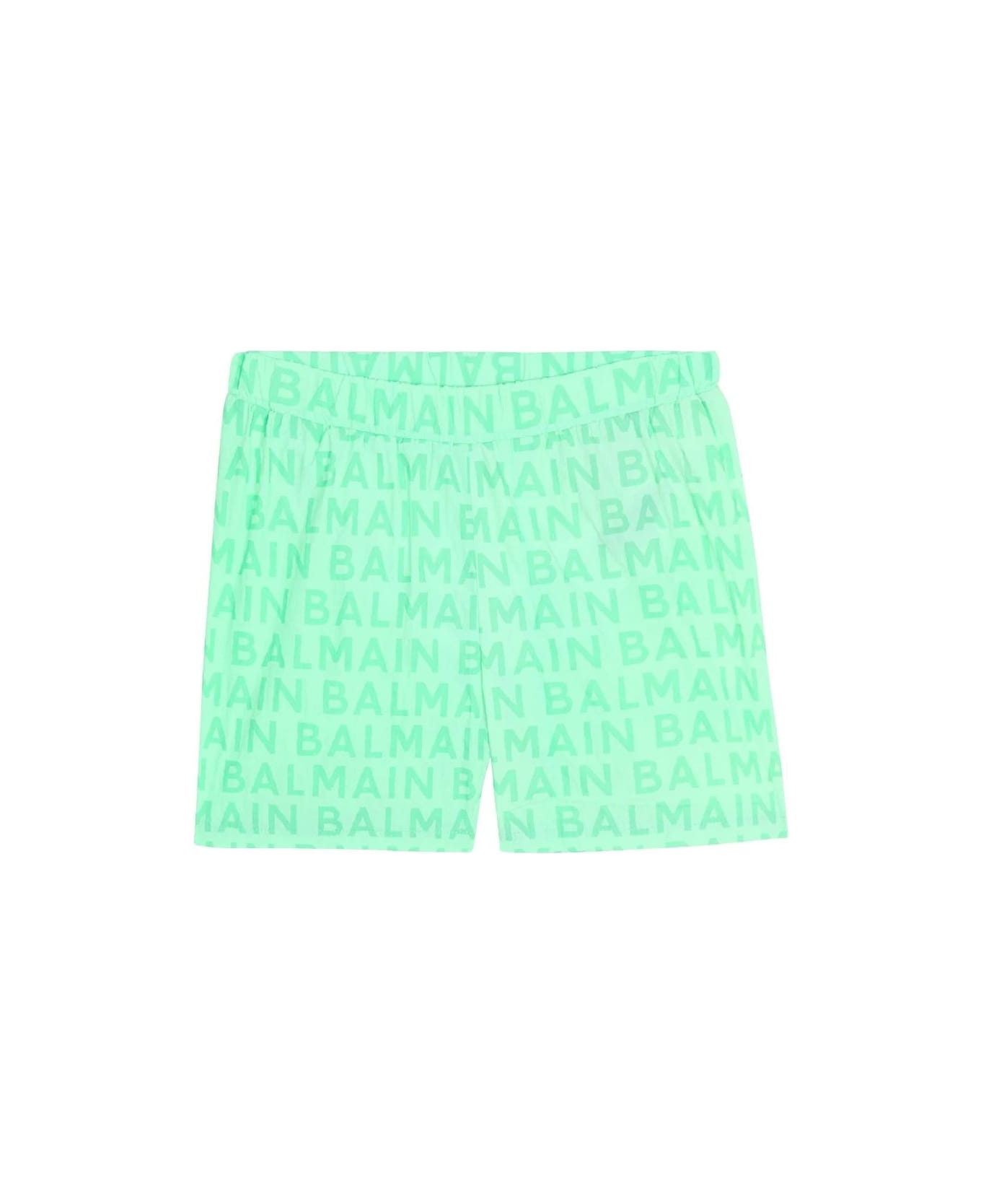 Balmain Light Green Swim Shorts With All-over Logo - Green 水着