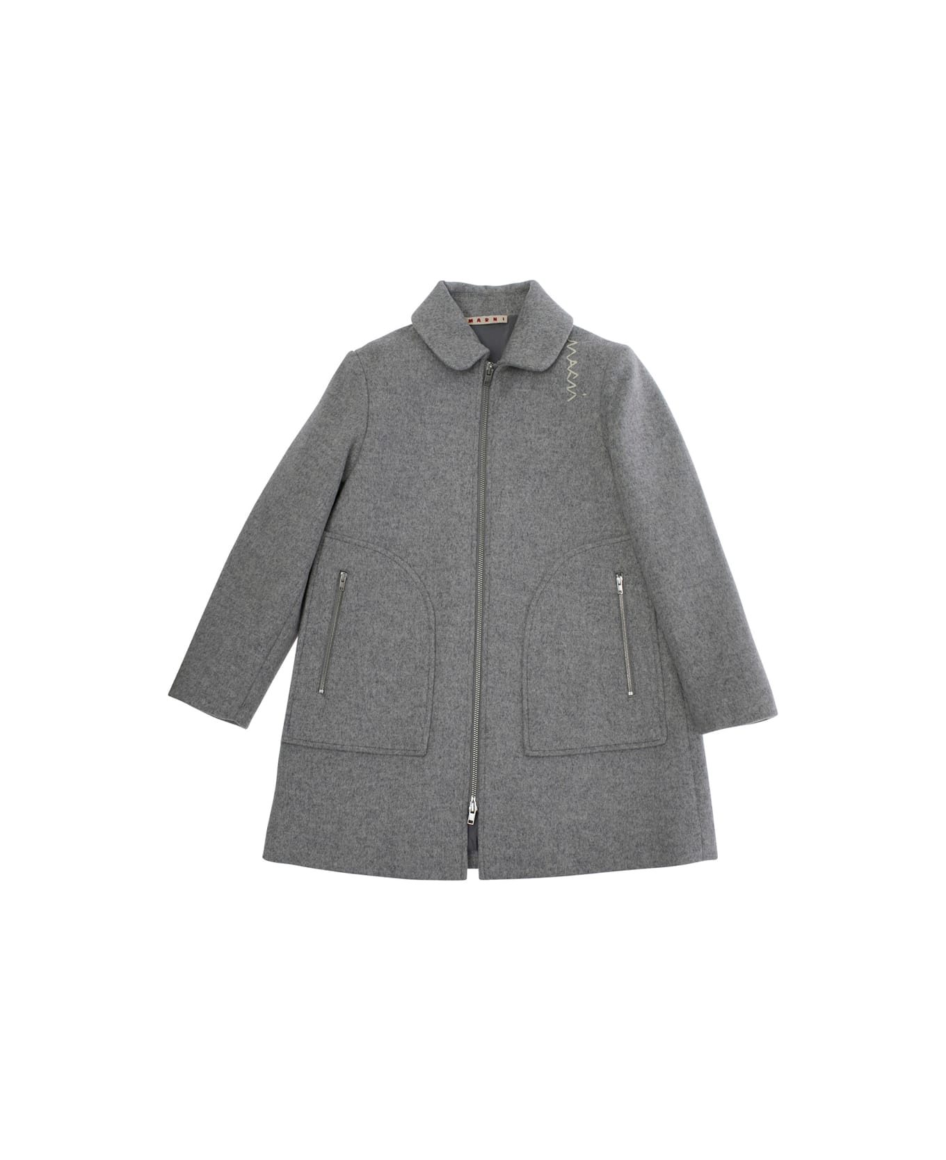 Marni Grey Coat With Collar And Logo Embroidery On The Front In Wool Blend Girl - Grey