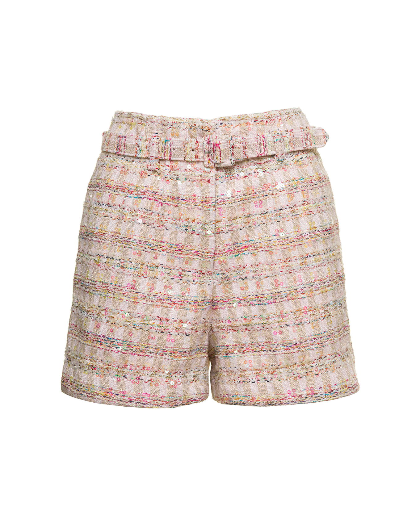 self-portrait Pink Shorts With Matching Belt And Paillettes In Tweed Woman - Pink