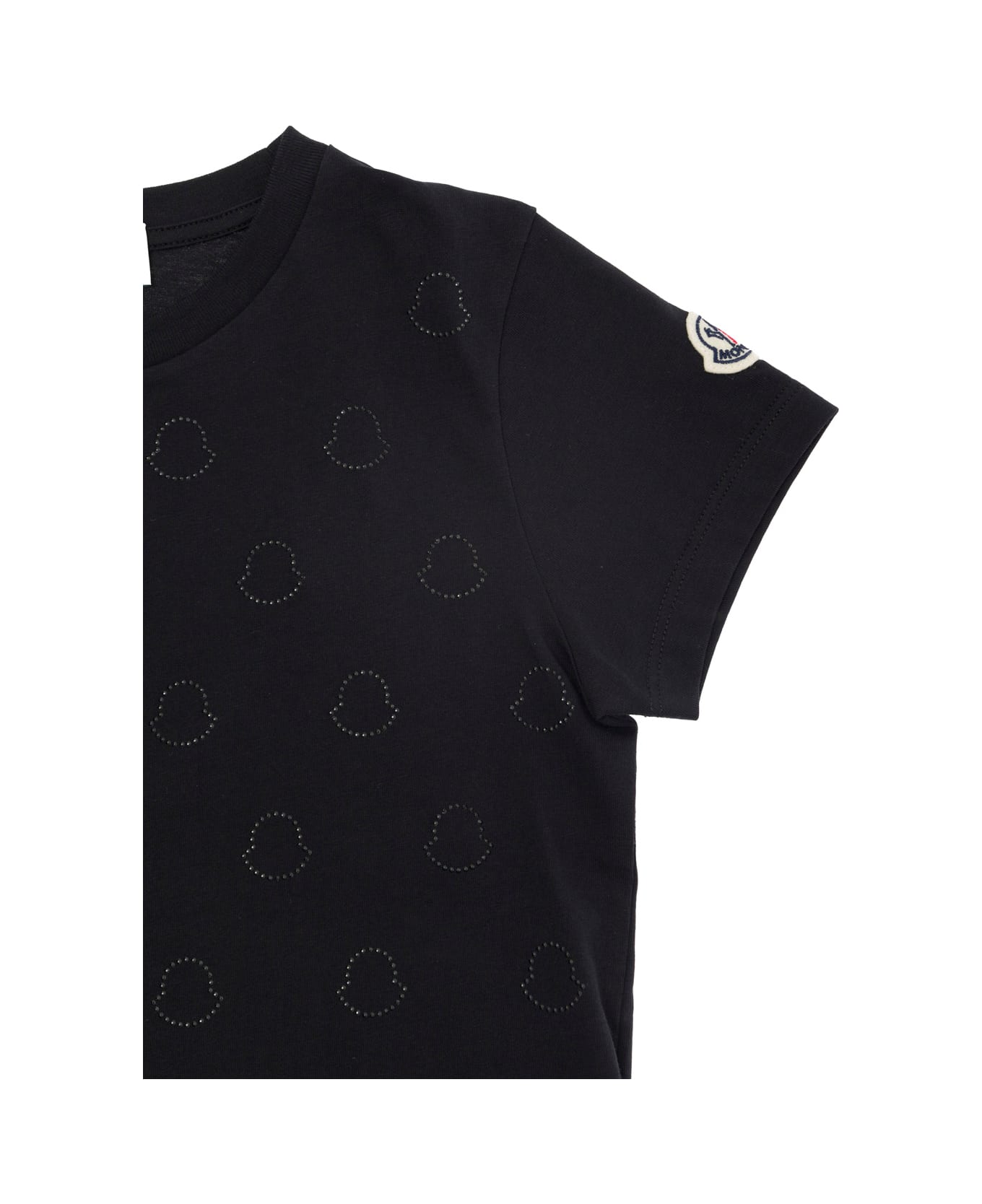 Moncler Black Crewneck T-shirt With Rhinestone Logo In Cotton Girl - Black