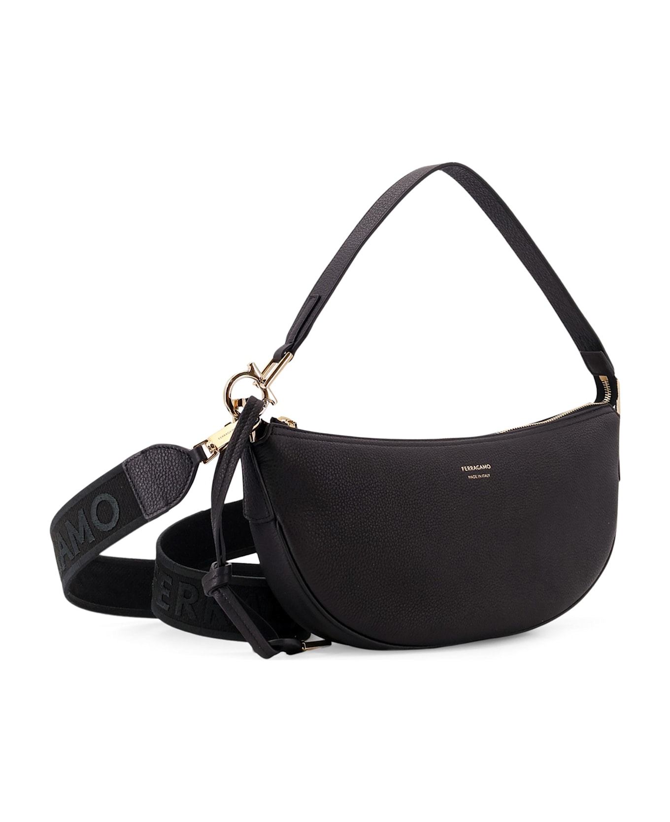 Ferragamo Hobo Bag S Hammered Leather Shoulder Bag - Black