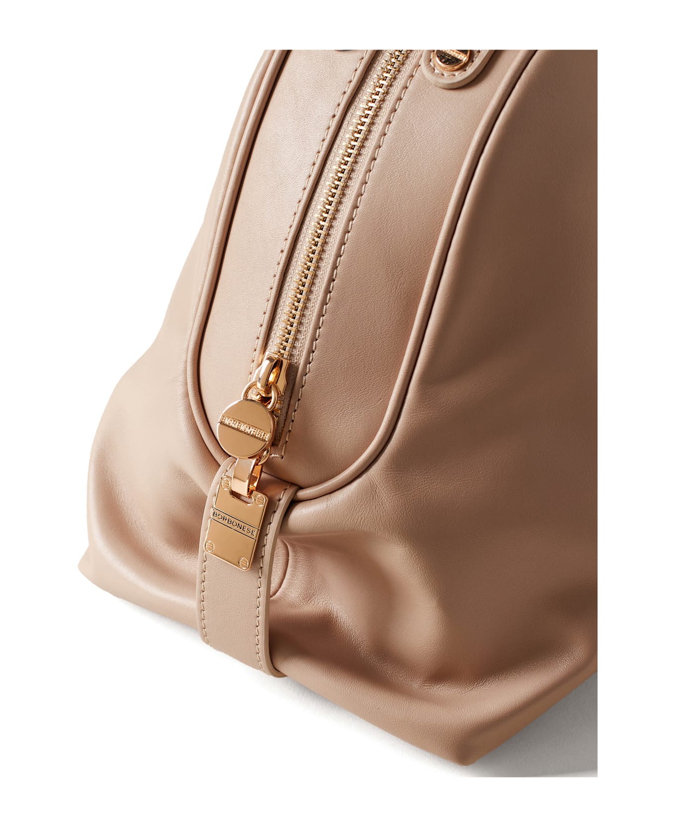 Borbonese Medium Beige Leather Bauletto Bag With Shoulder Strap - PORRIDGE