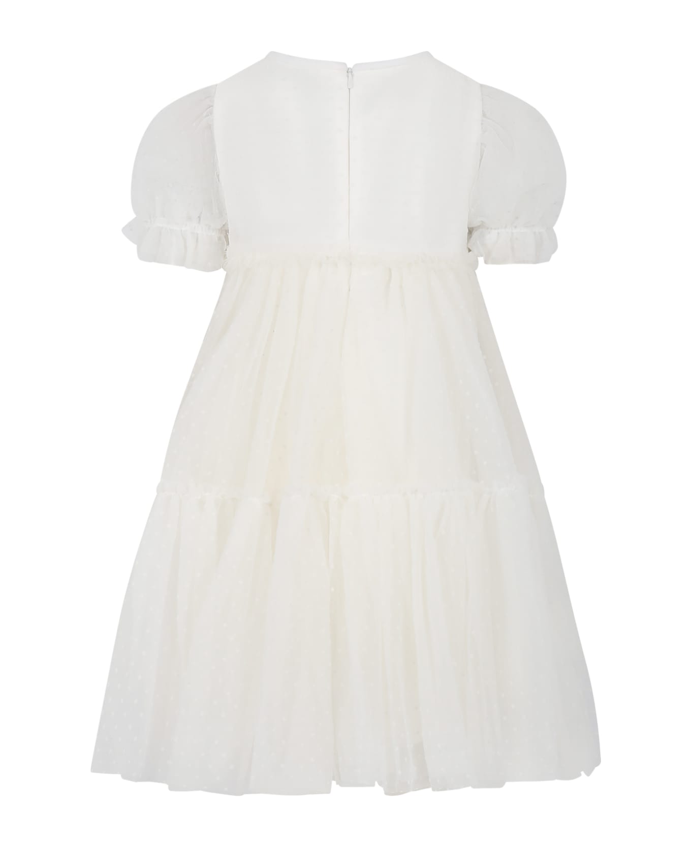 Monnalisa Ivory Dress For Girl With Polka Dots - Ivory