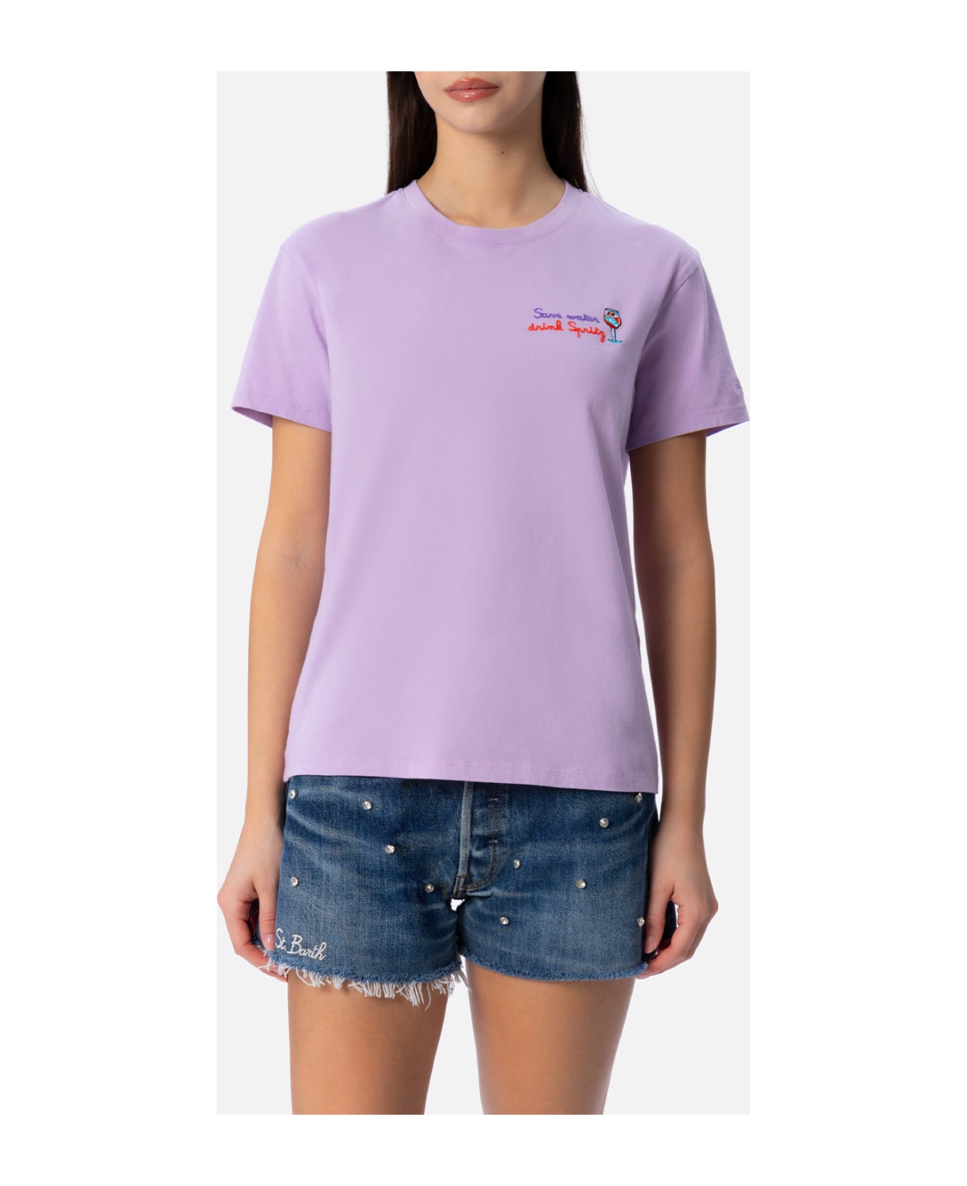 MC2 Saint Barth Woman Cotton Jersey Crewneck T-shirt Emilie With Save Water Drink Spritz Embroidery - PINK