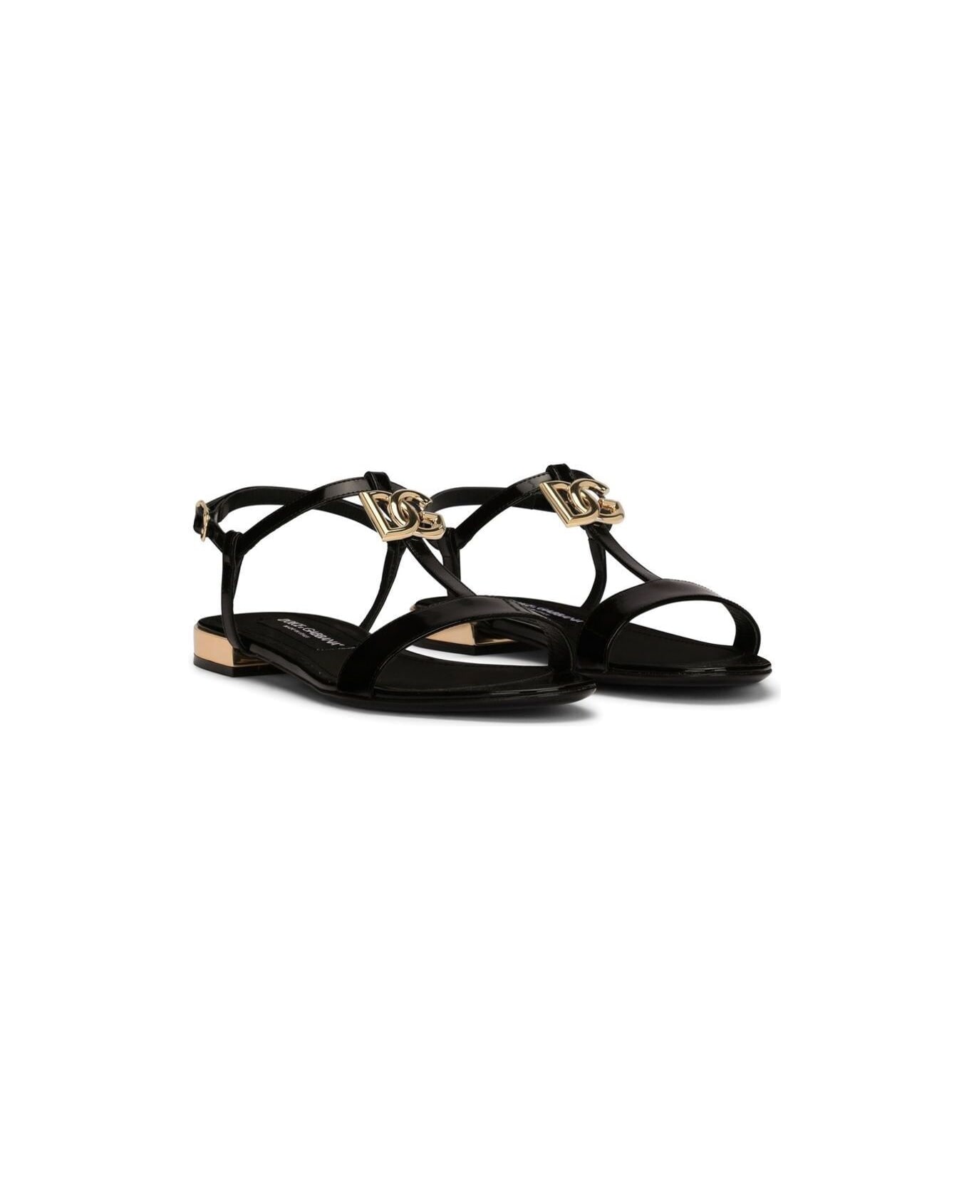 Dolce & Gabbana Black Low Sandals With Dg Logo In Polished Leather Woman - Black