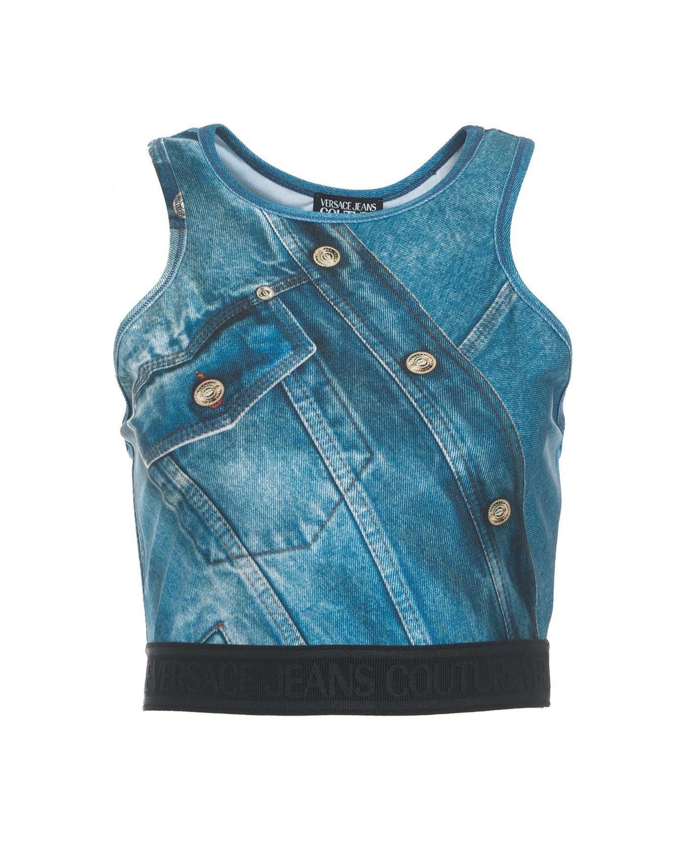 Versace Jeans Couture Patch Denim Sleeveless Cropped Top - Clear Blue