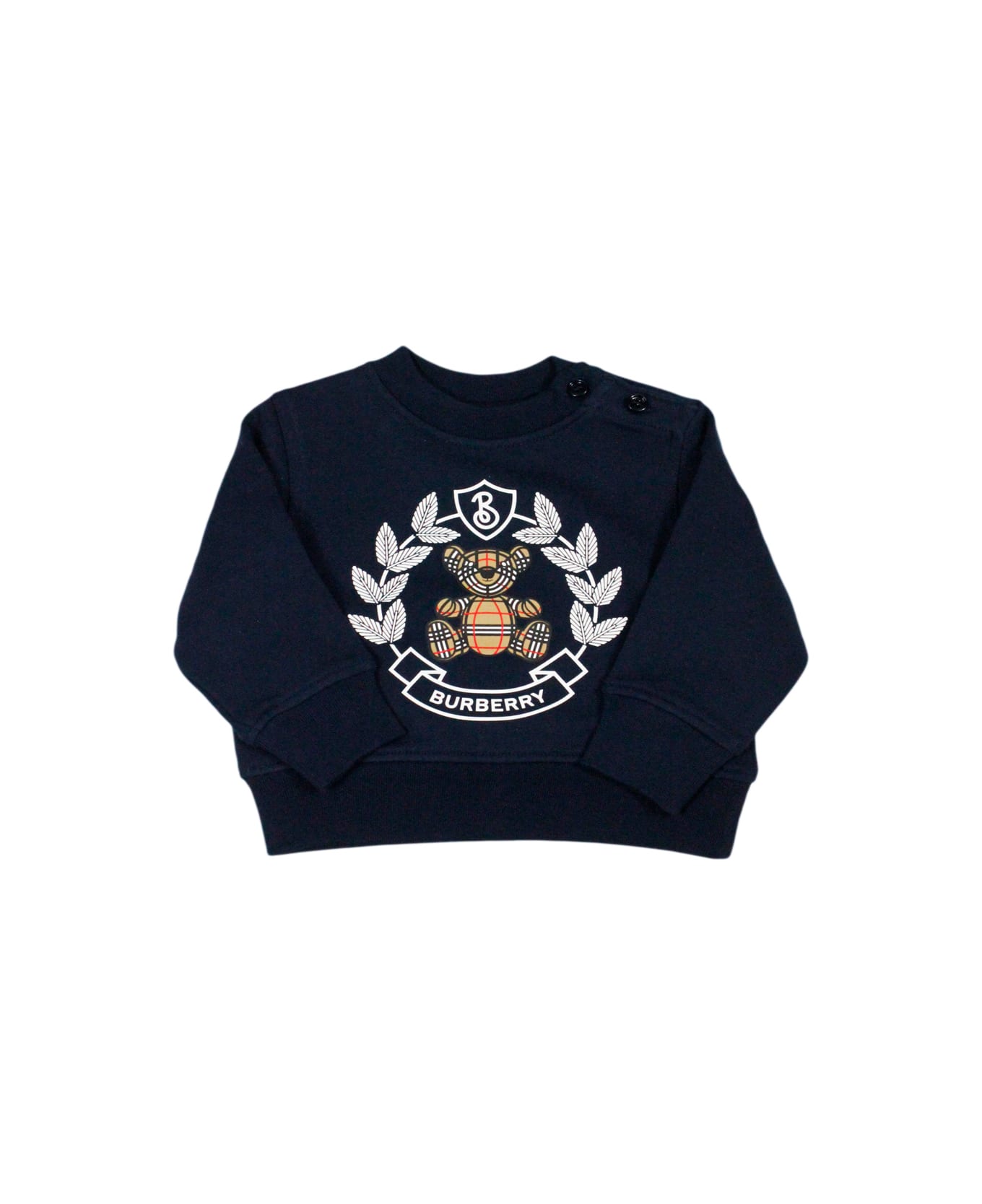 Burberry Crewneck Sweatshirt With Buttons On The Neck In Cotton Jersey With Classic Check Teddy Bear Print On The Front - Blu