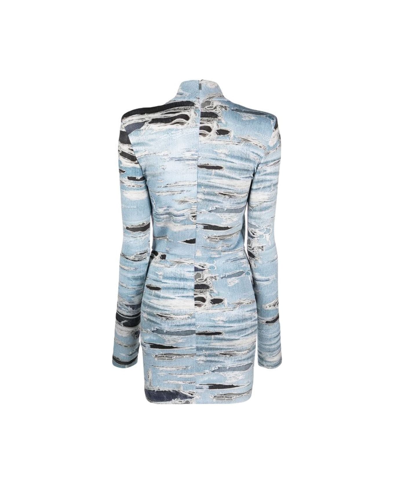 John Richmond Short Dress With Iconic Runway Denim-effect Pattern. High Collar And Long Sleeves.  - Denim
