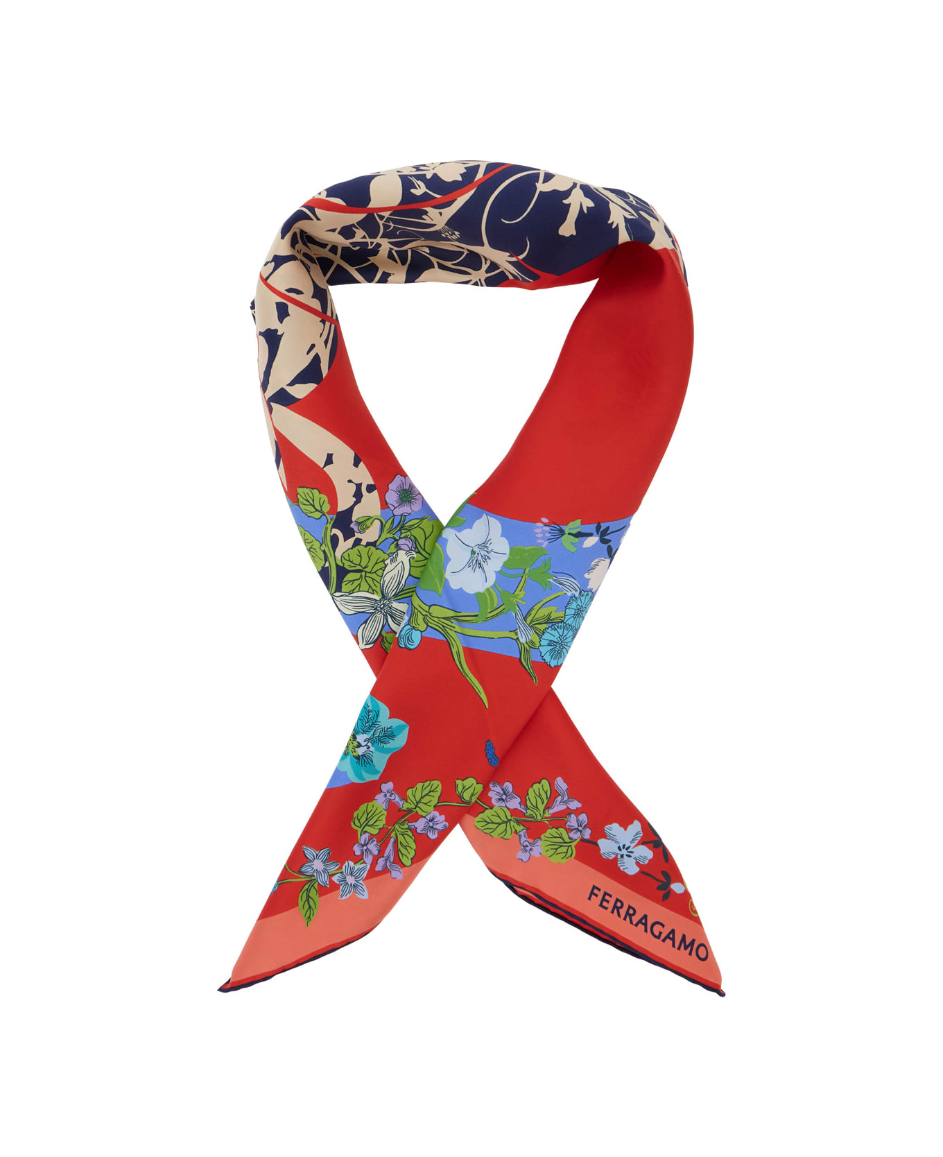 Ferragamo Red Scarf With Floral Print And Logo Lettering In Silk Woman - Red