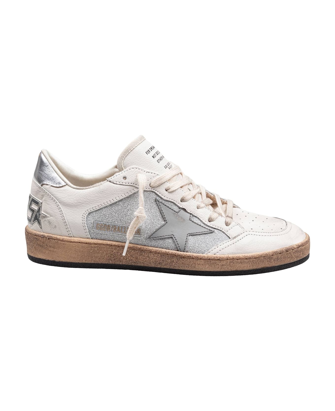 Golden Goose Ballstar In Nappa And Glitter Natural And Silver Color - NATURAL/SILVER