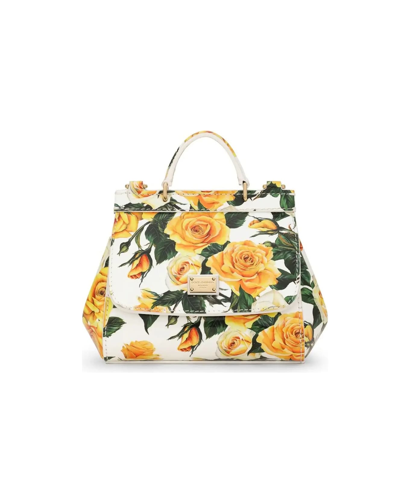 Dolce & Gabbana Sicily Mini Hand Bag With Yellow Rose Print - Yellow