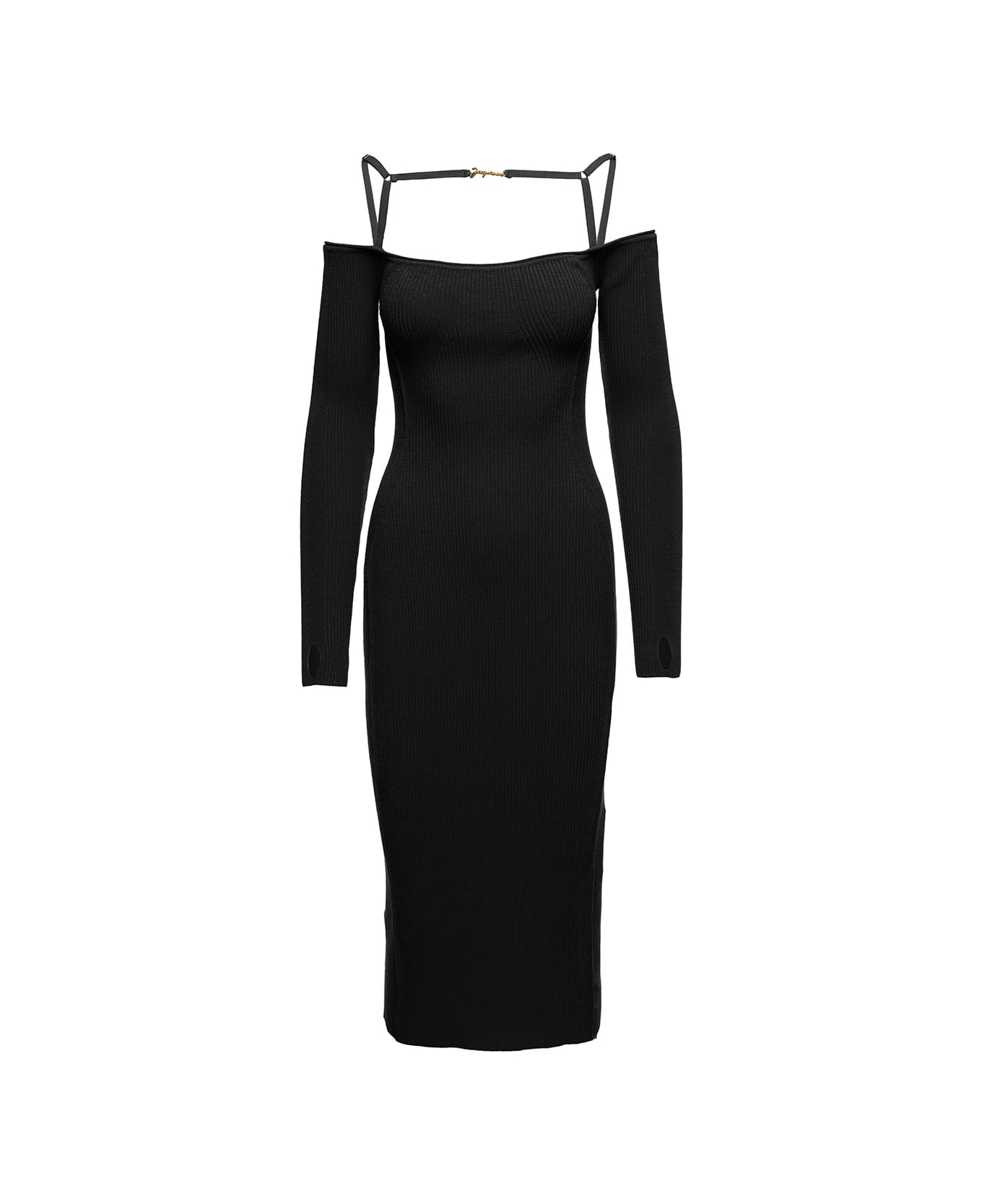 Jacquemus 'le Robe Sierra' Long Black Ribbed Off-the-shoulder Dress In Viscose Blend Woman - Black