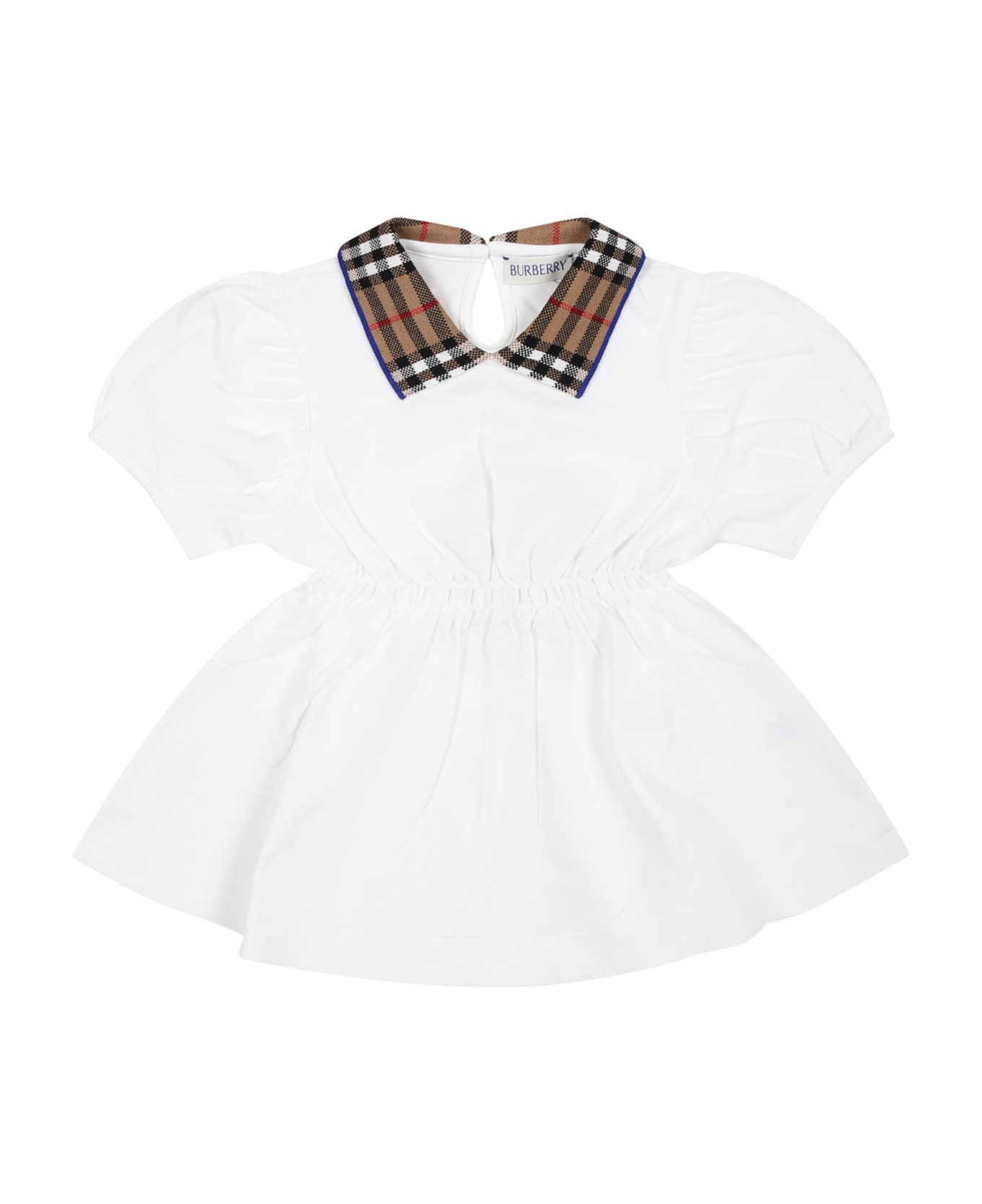 Burberry White Dress For Baby Girl With Vintage Check On The Collar - White