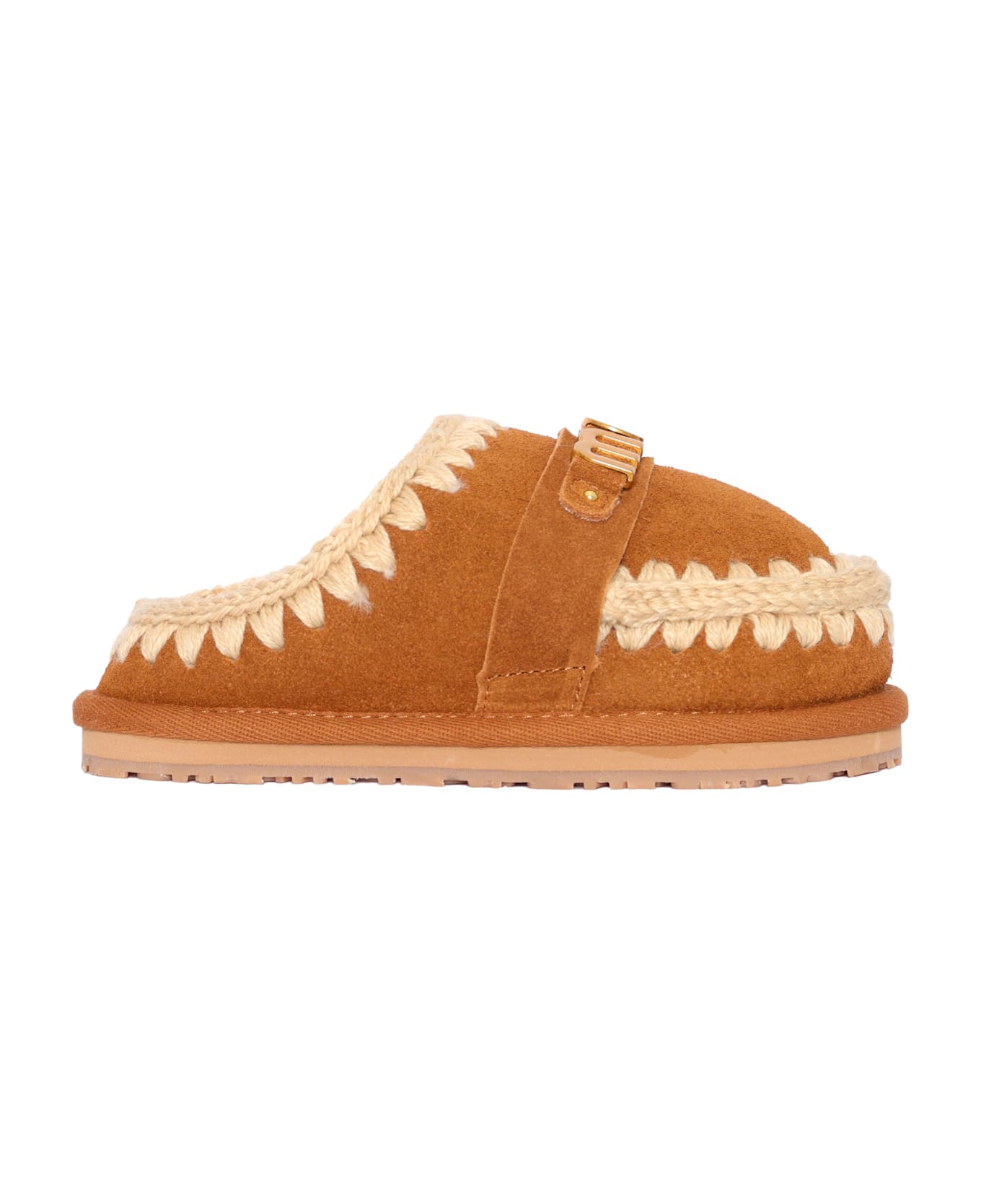 Mou Kids Slipper Suede - Letter Logo - BROWN
