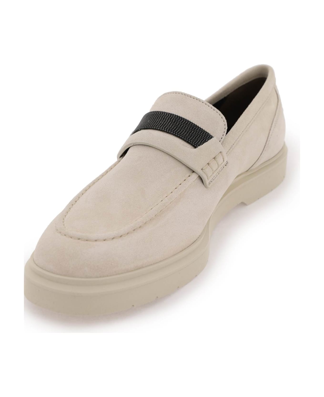 Brunello Cucinelli Suede Penny Loafer With Jewellery - Beige フラットシューズ
