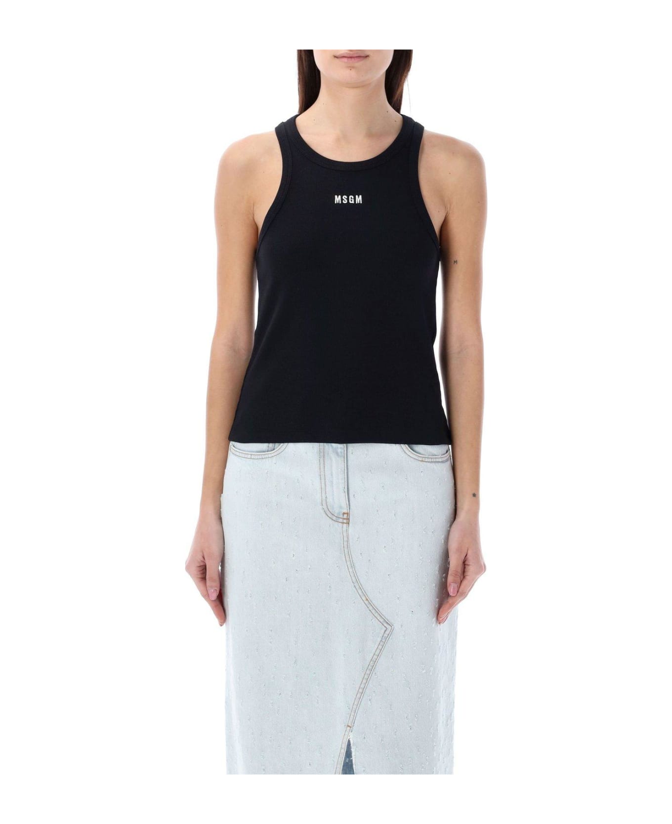 MSGM Logo Embroidered Sleeveless Ribbed Tank Top - Black