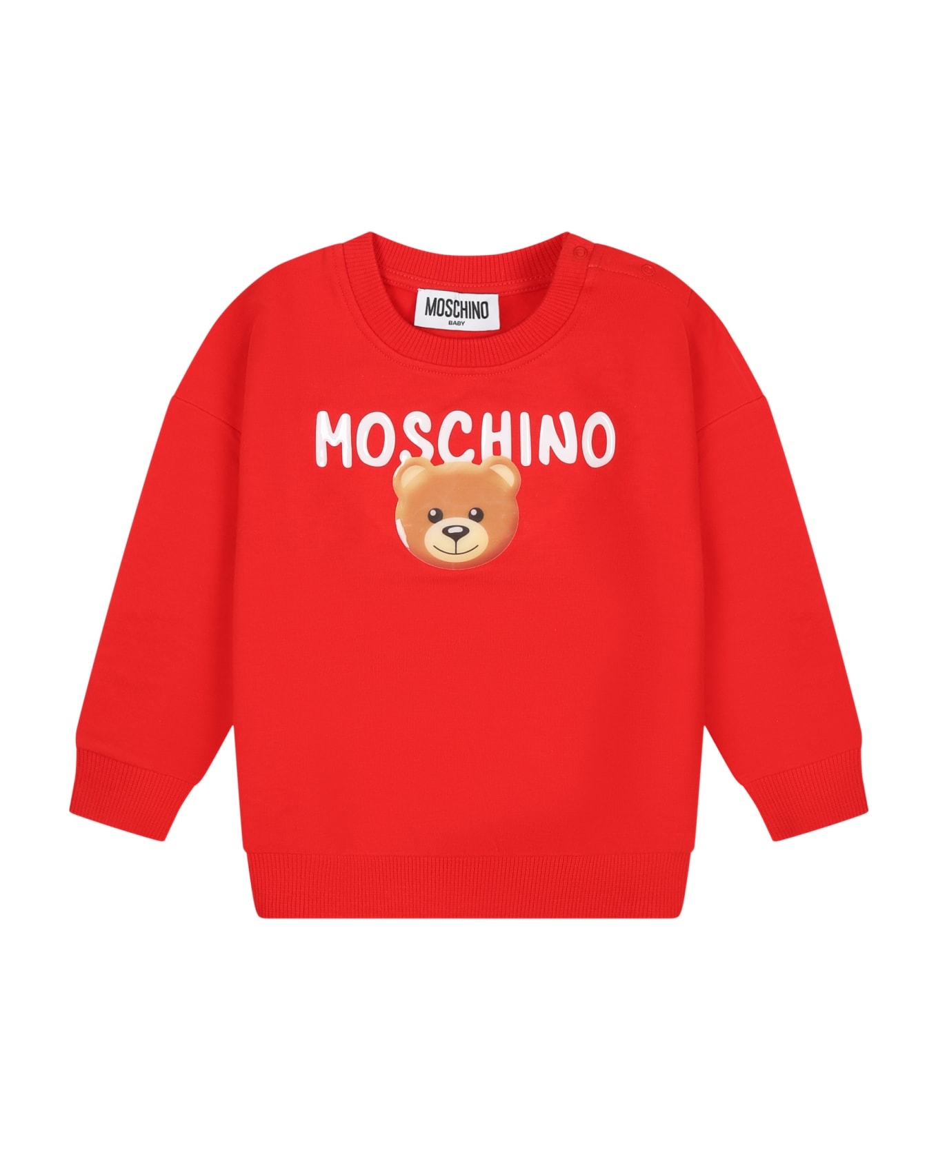 Moschino Red Sweatshirt For Baby Girl With Teddy Bear And Logo - Red