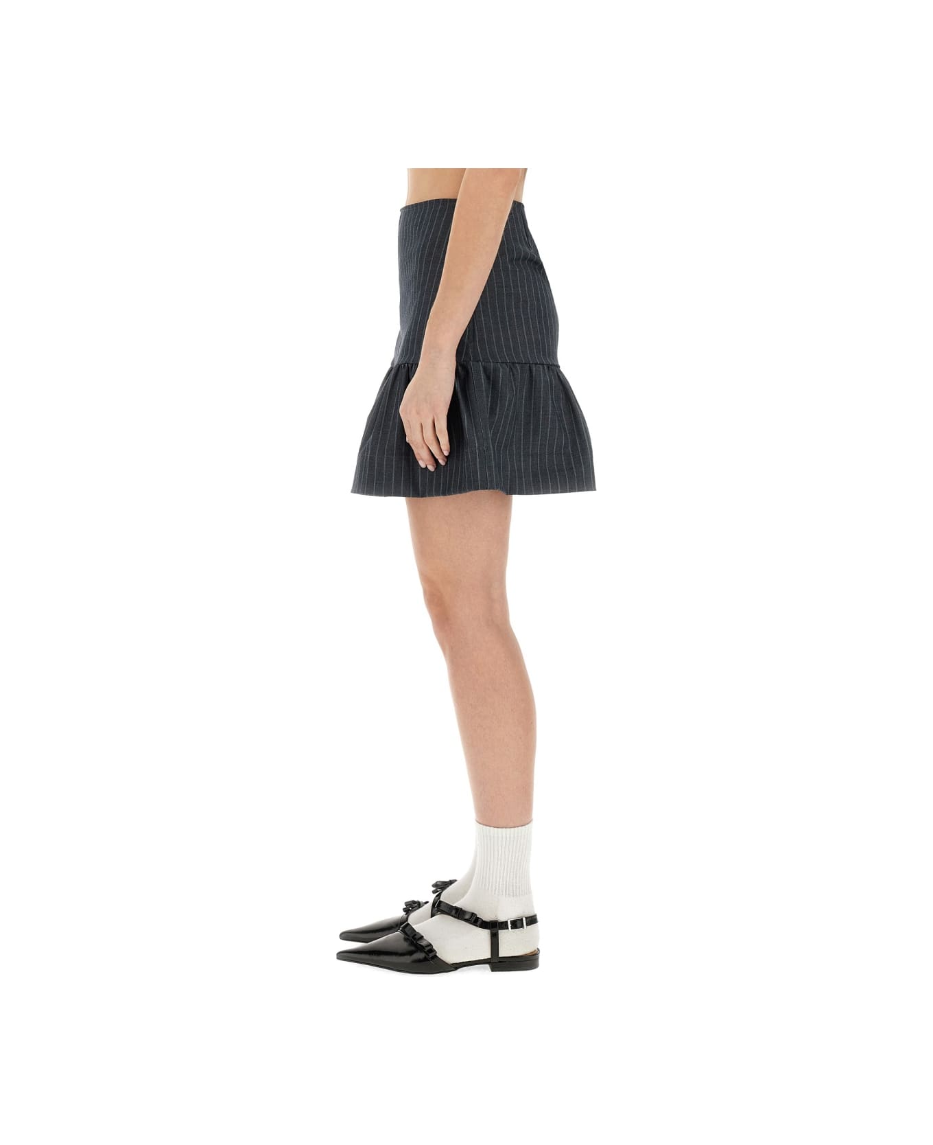 Ganni Flounced Mini Skirt - GRAY PINSTRIPE スカート
