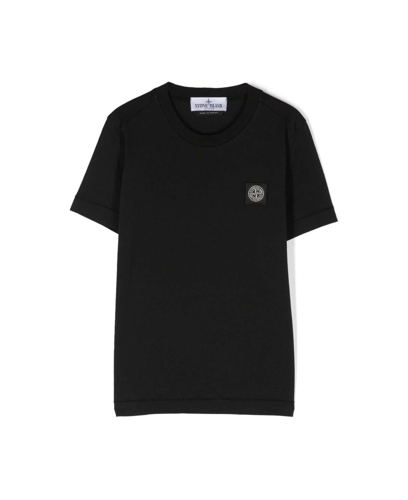 Stone Island Junior Black Crewneck Short-sleeved T-shirt And Contrasting Patch Logo In Cotton Boy - Black