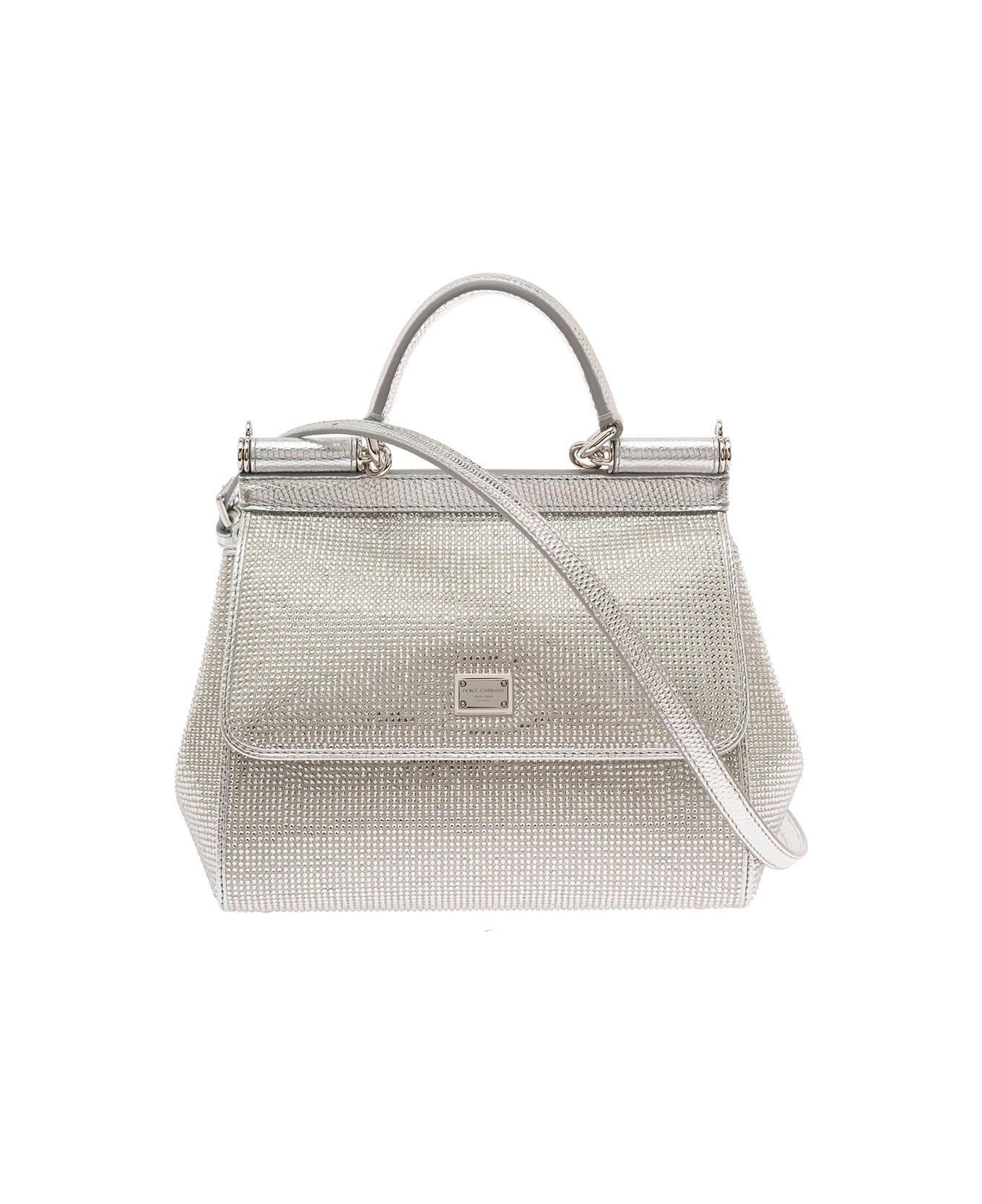Dolce & Gabbana Silver-tone Sicily Medium Handbag With Crystal Embellishment All-over Woman - Metallic