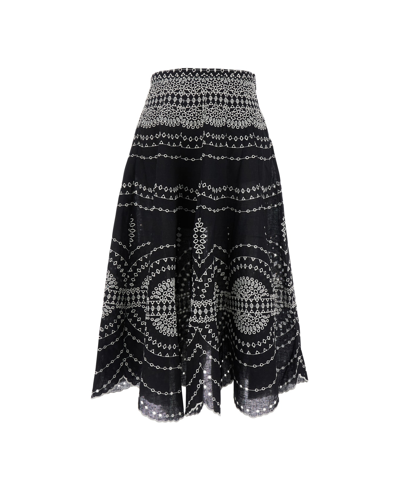 Charo Ruiz 
livvy
 Black Midi Skirt With Scallop Hem And All-over Embroidery In Cotton Nad Linen Blend Woman - Black