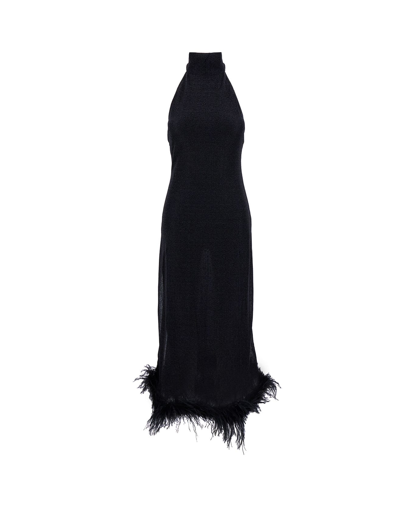 Oseree Long Black Dress With High Neck And Feathers In Lurex Woman - Black ワンピース＆ドレス