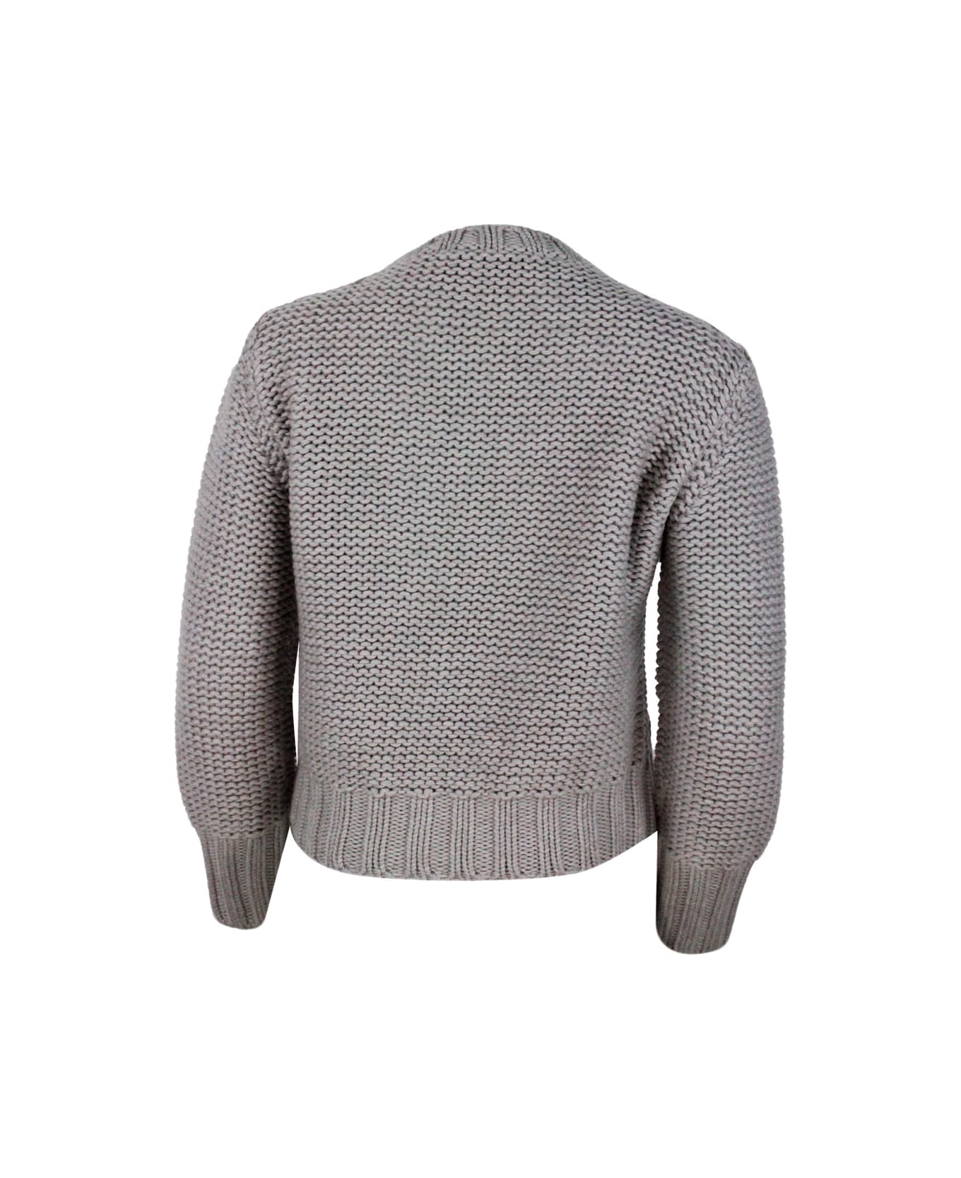 Fabiana Filippi Long Sleeve Crewneck Sweater In 100% Soft Virgin Wool With Cable Knit On The Front - Grey