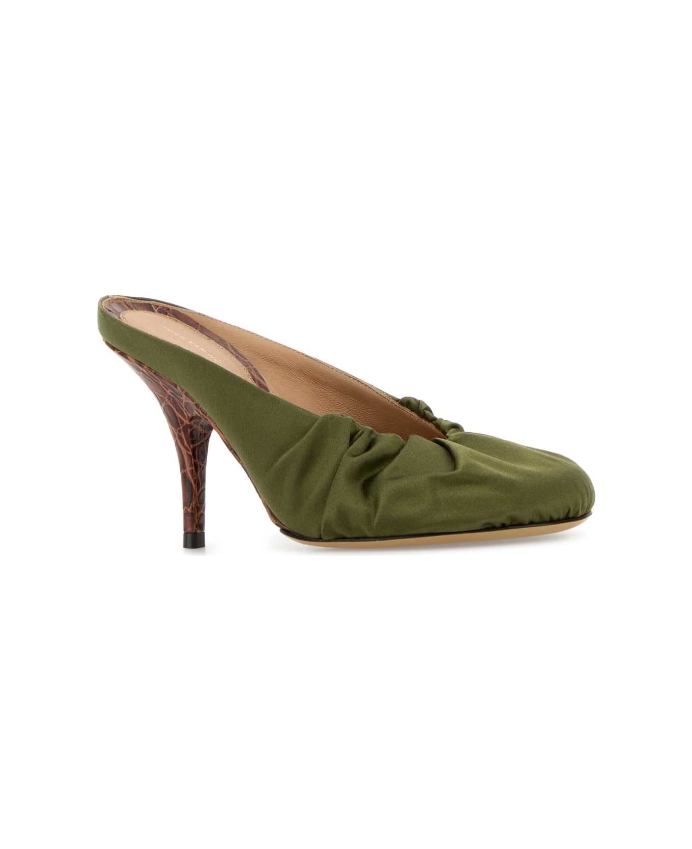 Dries Van Noten Olive Green Satin Mules - OLIVE