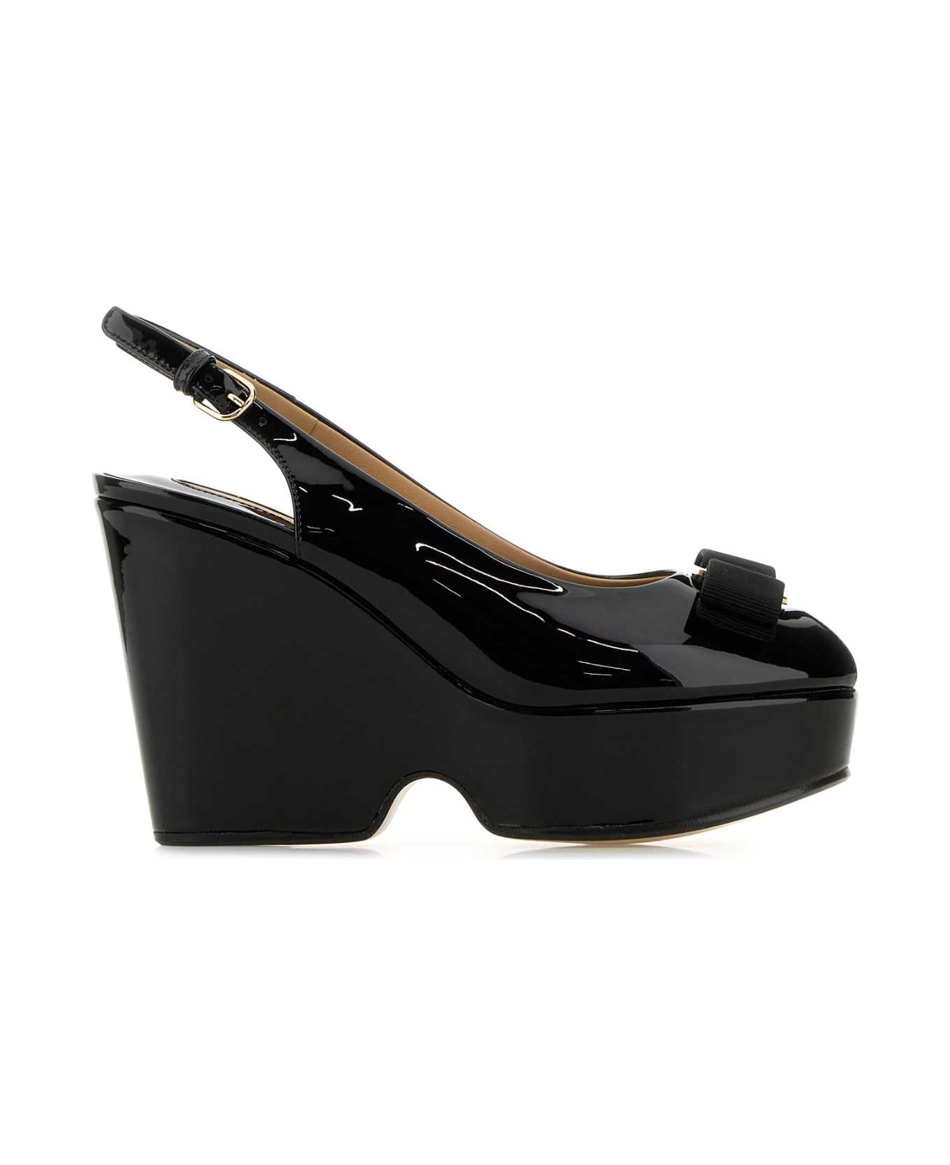 Ferragamo Black Leather Lally Wedges - NEROBISCOTTO