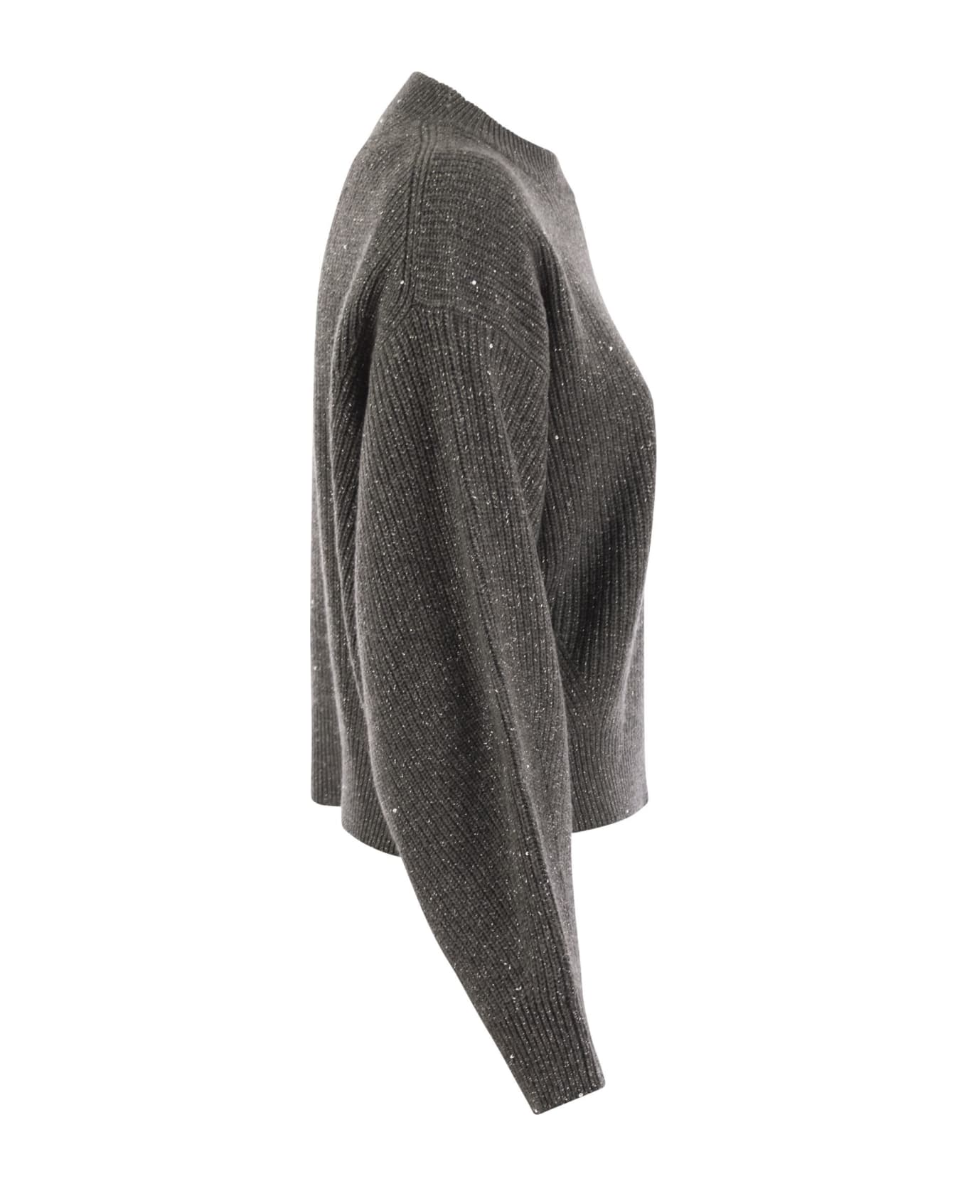Brunello Cucinelli Dazzling Ribbed Sweater In Cashmere And Wool - Anthracite