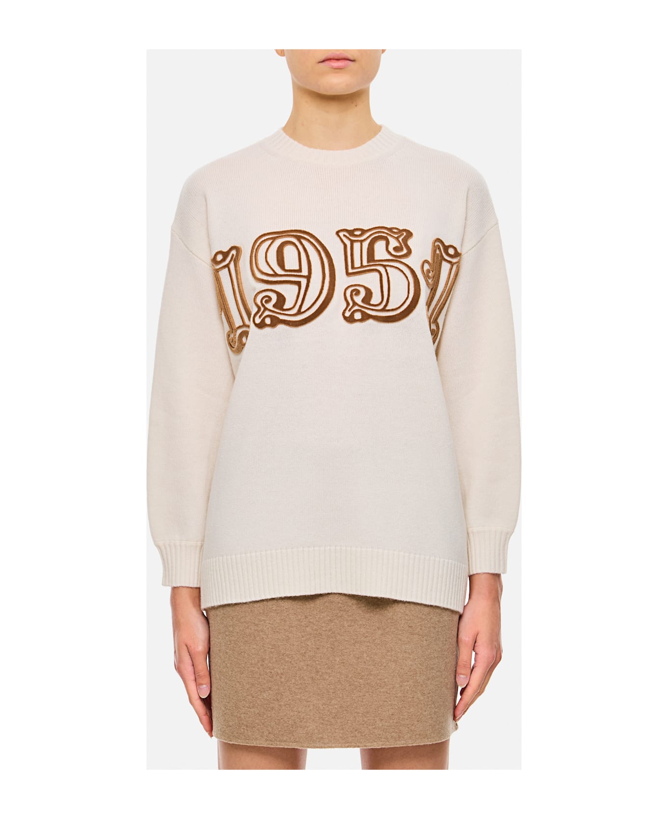 Max Mara Fido 1951 Velvet Logo Knit Sweater - White