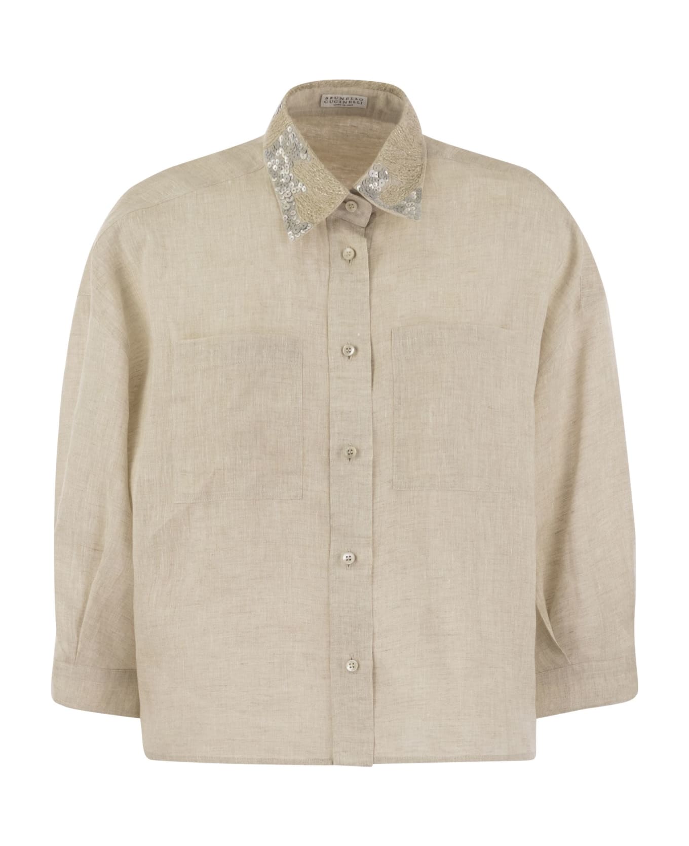 Brunello Cucinelli Linen Linen Shirt With Dazzling Magnolia Collar - NEUTRALS