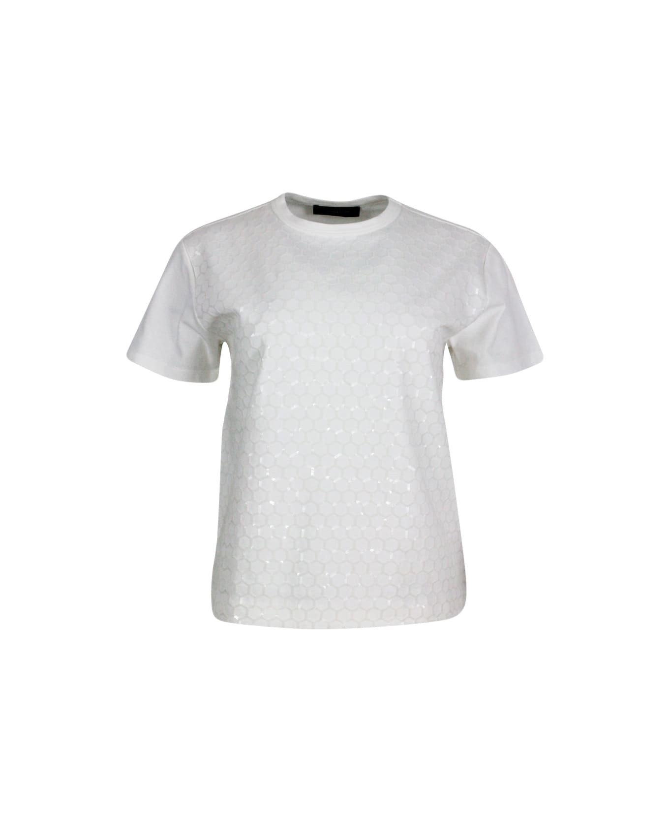 Fabiana Filippi Crew-neck, Short-sleeved T-shirt Made Of Soft Cotton Embellished With Sequin Applications That Give A Three-dimensional Effect To The Garment. - White Tシャツ