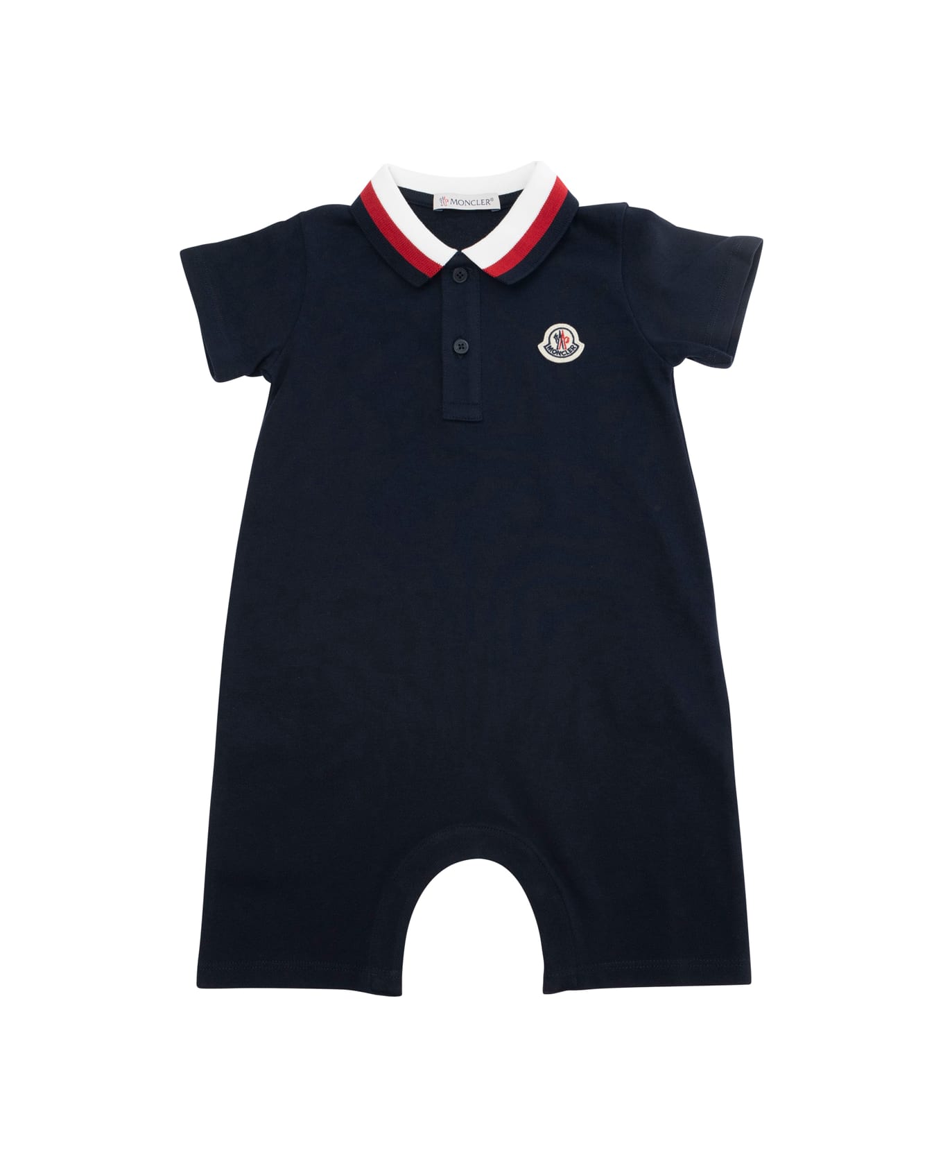 Moncler Dark Blue Romper With Contrasting Collar And Logo Patch On The Front In Cotton Baby - Blu