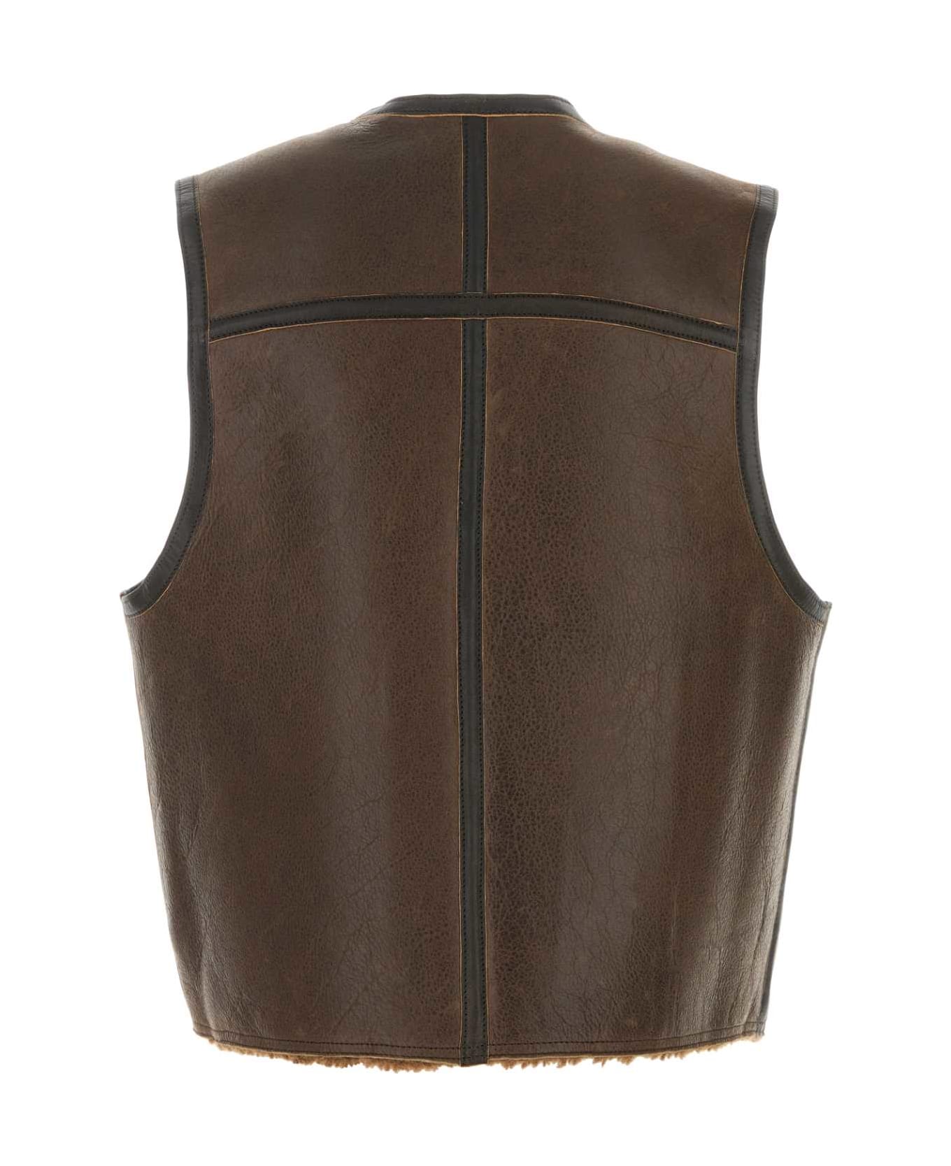 Our Legacy Brown Leather Reversible Vest - RUSTIC GRAIN BROWN SHEARLING