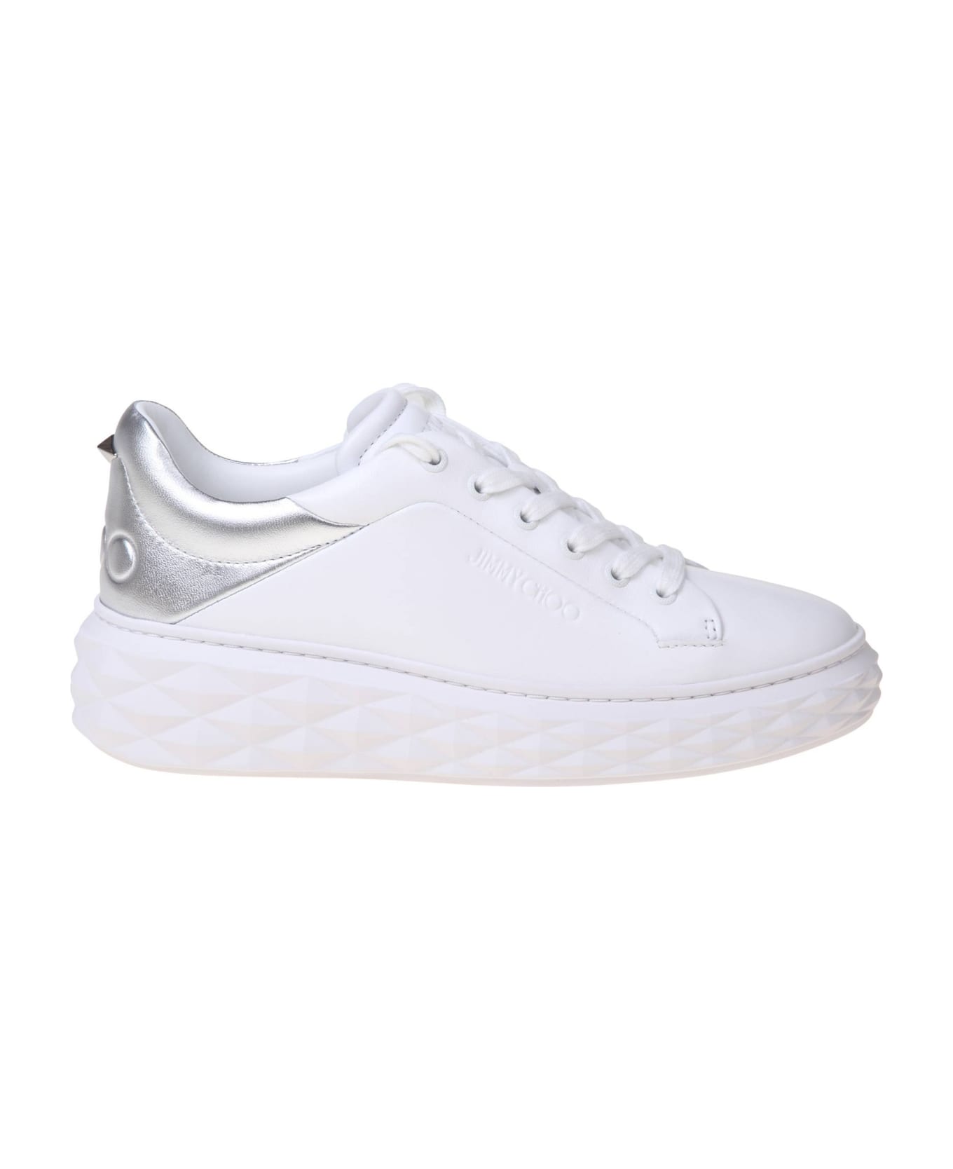 Jimmy Choo Diamond Maxi Sneakers In White And Silver Leather - White