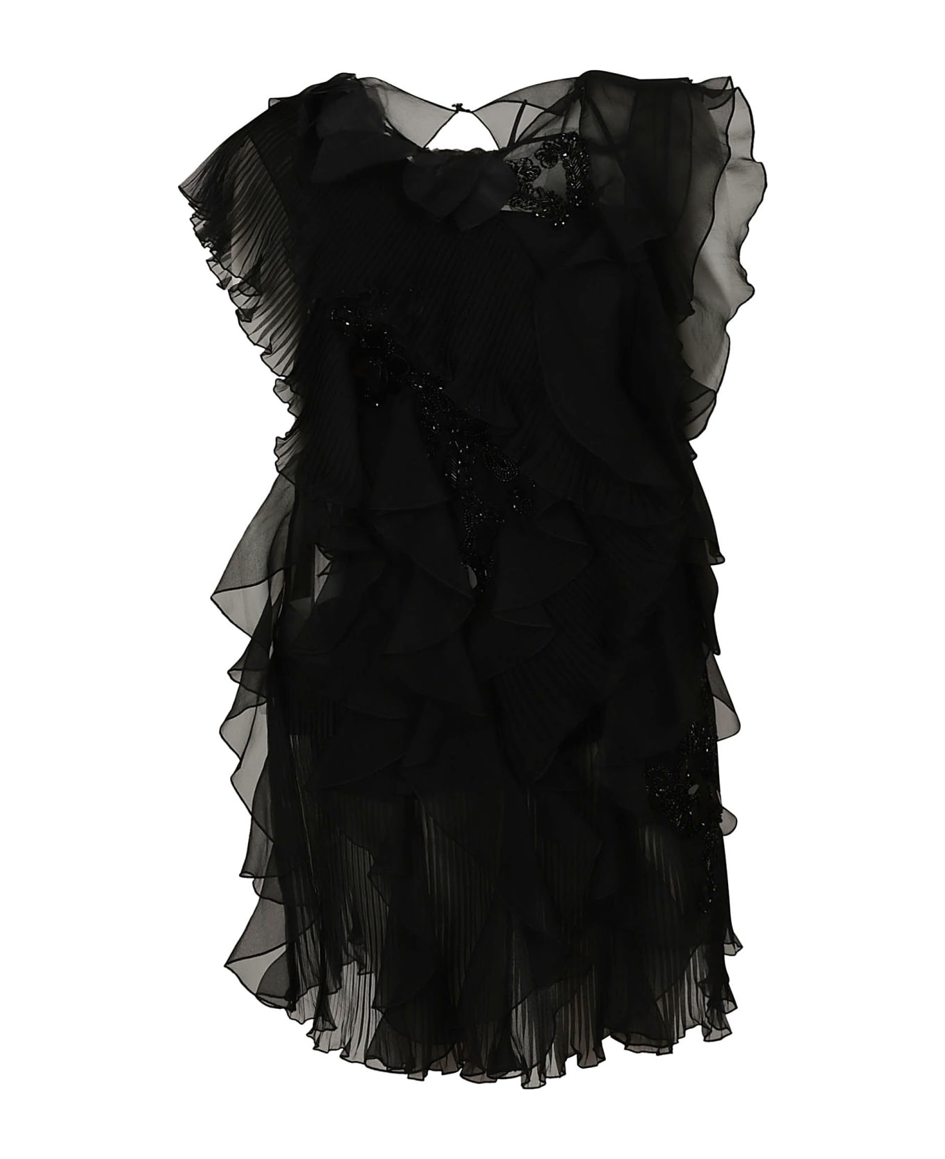 Alberta Ferretti Ruffle Sided Sleeveless Short Lace Dress - Black