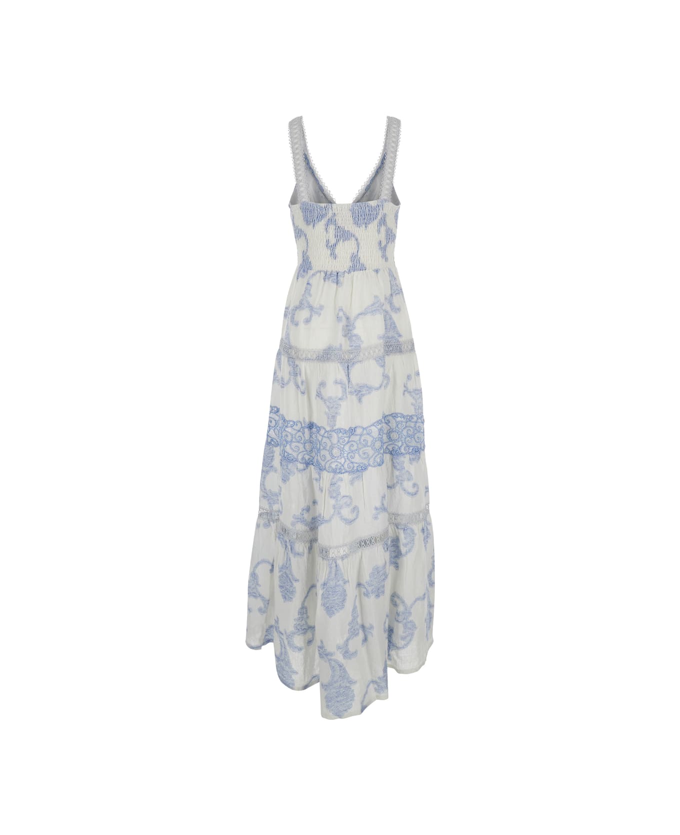 Temptation Positano White Long Dress With Light Blue Floral Print In Linen Woman - Light blue