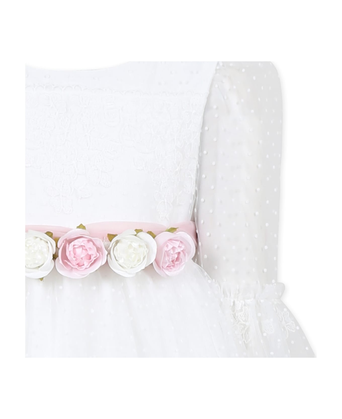 Monnalisa White Dress For Girl With Flowers - White