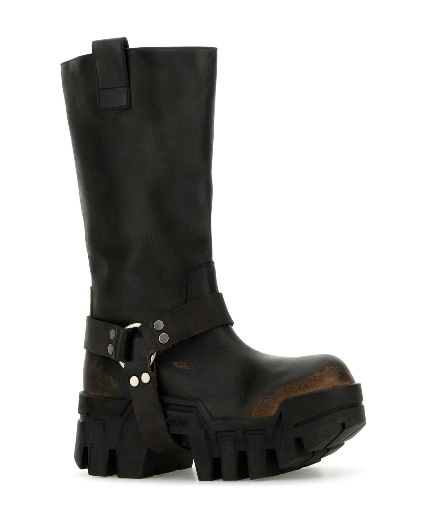 Balenciaga Black Leather Bulldozer Harness Ankle Boots - FADEDBLACK