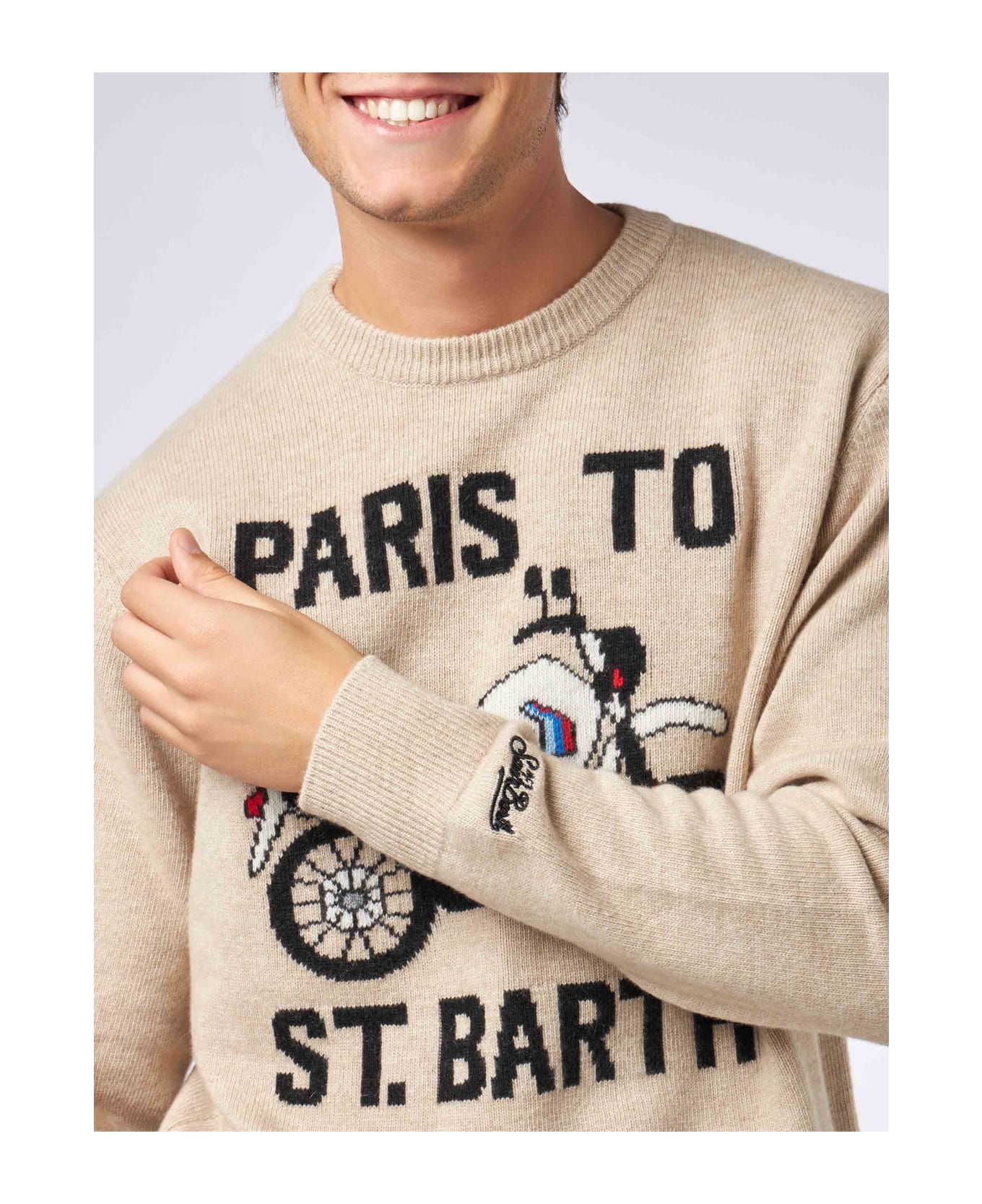 MC2 Saint Barth Man Sweater With Paris To St.barth Front Print - BEIGE