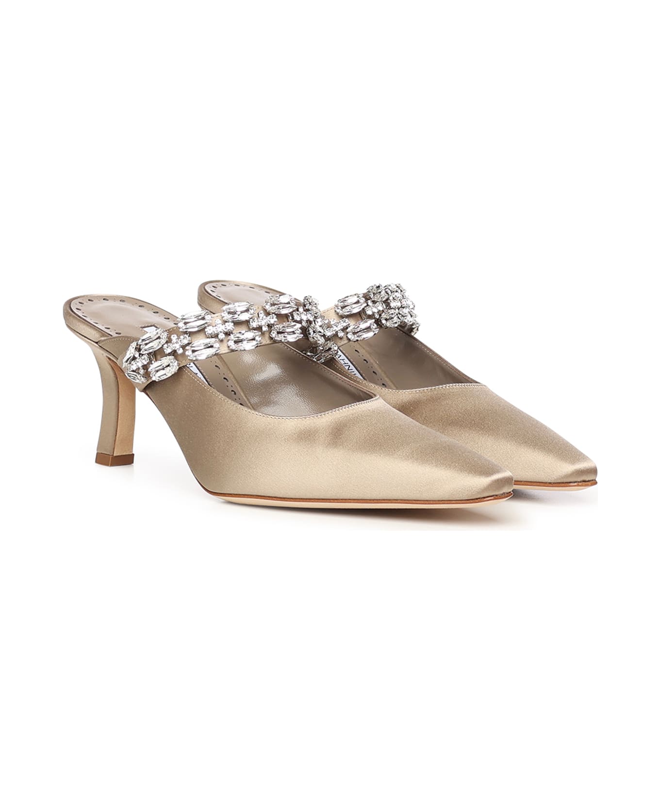 Manolo Blahnik Tamolmu Satin Mules With Crystals - Beige