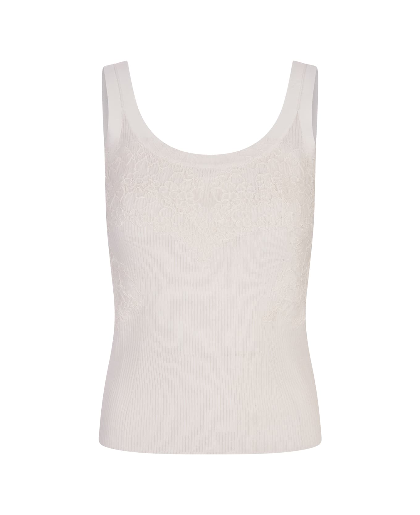 Ermanno Scervino White Ribbed Tank Top With Lace - White タンクトップ