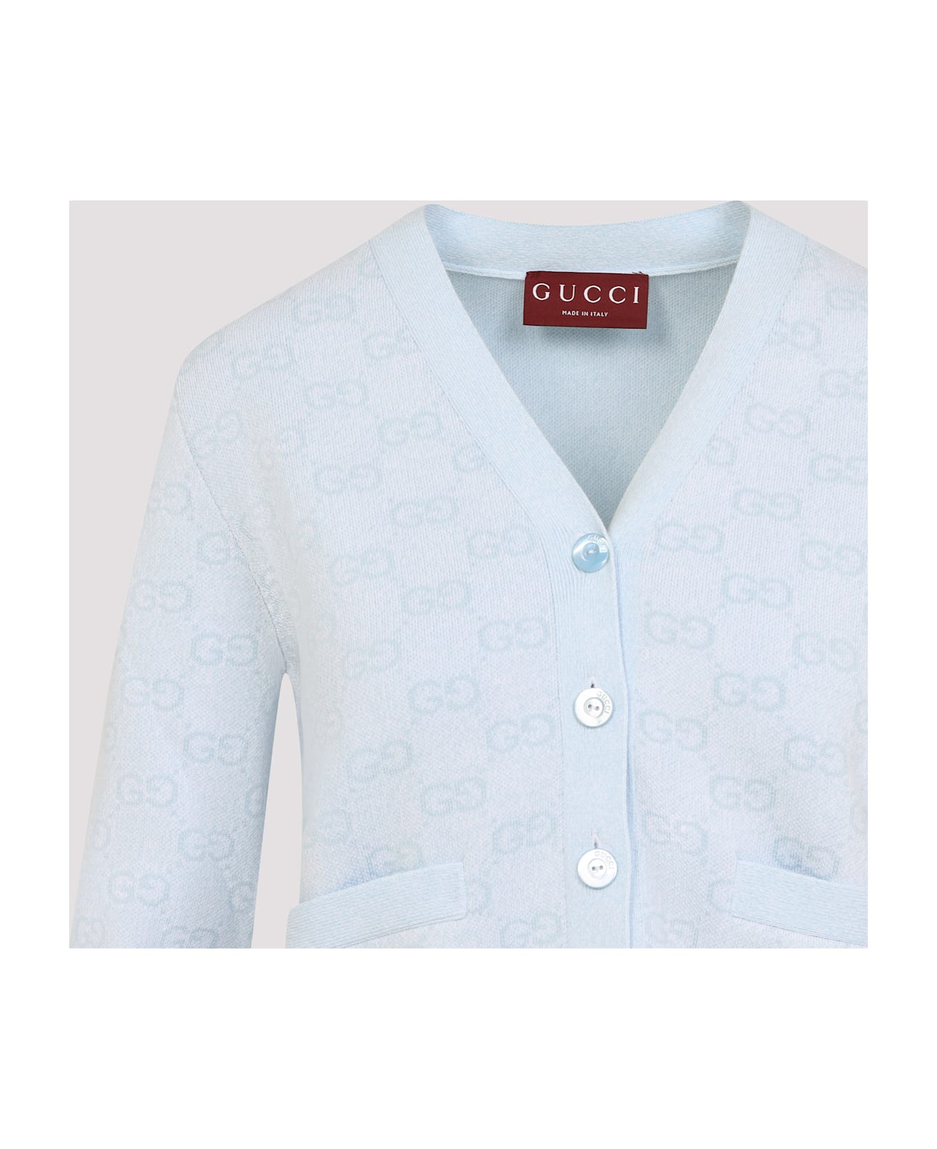 Gucci Fine Knit Gg Jacquard Cardigan - Light Blue White