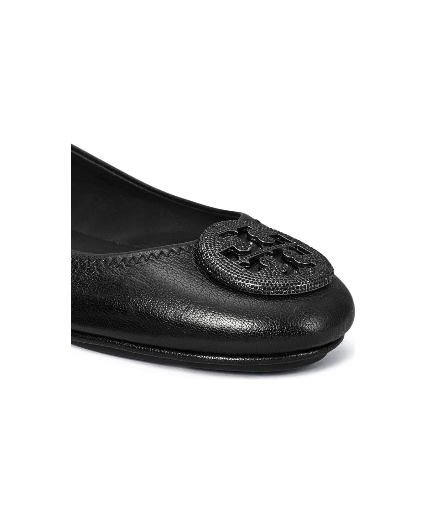 Tory Burch 'minnie' Black Ballet Flats With Crystal Embellished Logo In Leather Woman Tory Burch - Metallic