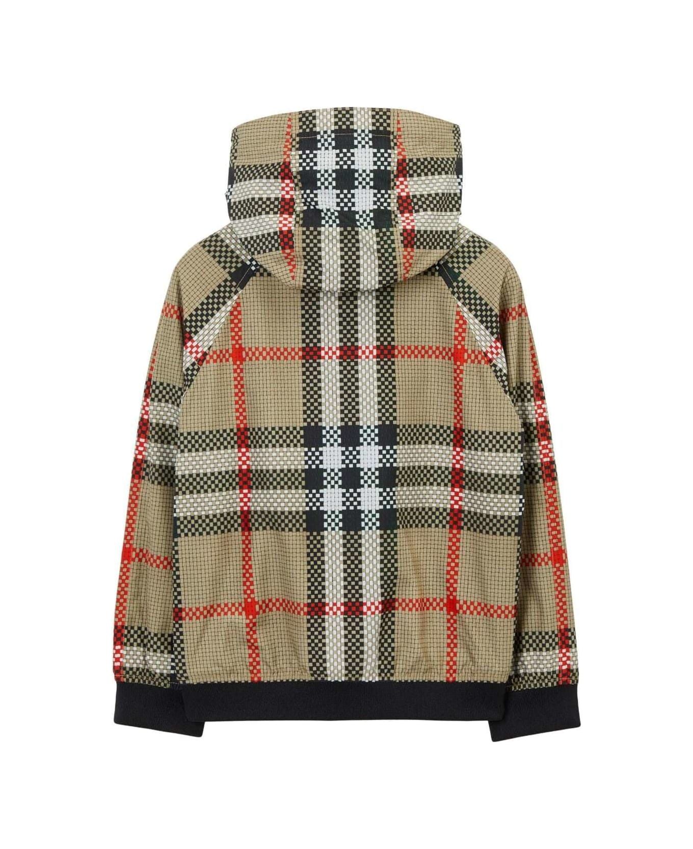 Burberry 'troy' Beige Hooded Jacket With Vintage Check Print In Nylon Boy - BEIGE