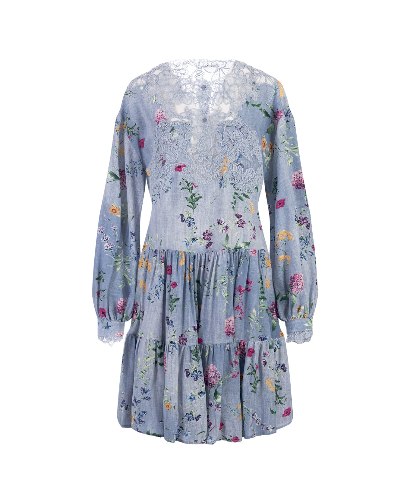 Ermanno Scervino Floral Silk Short Dress With Lace - Blue ワンピース＆ドレス