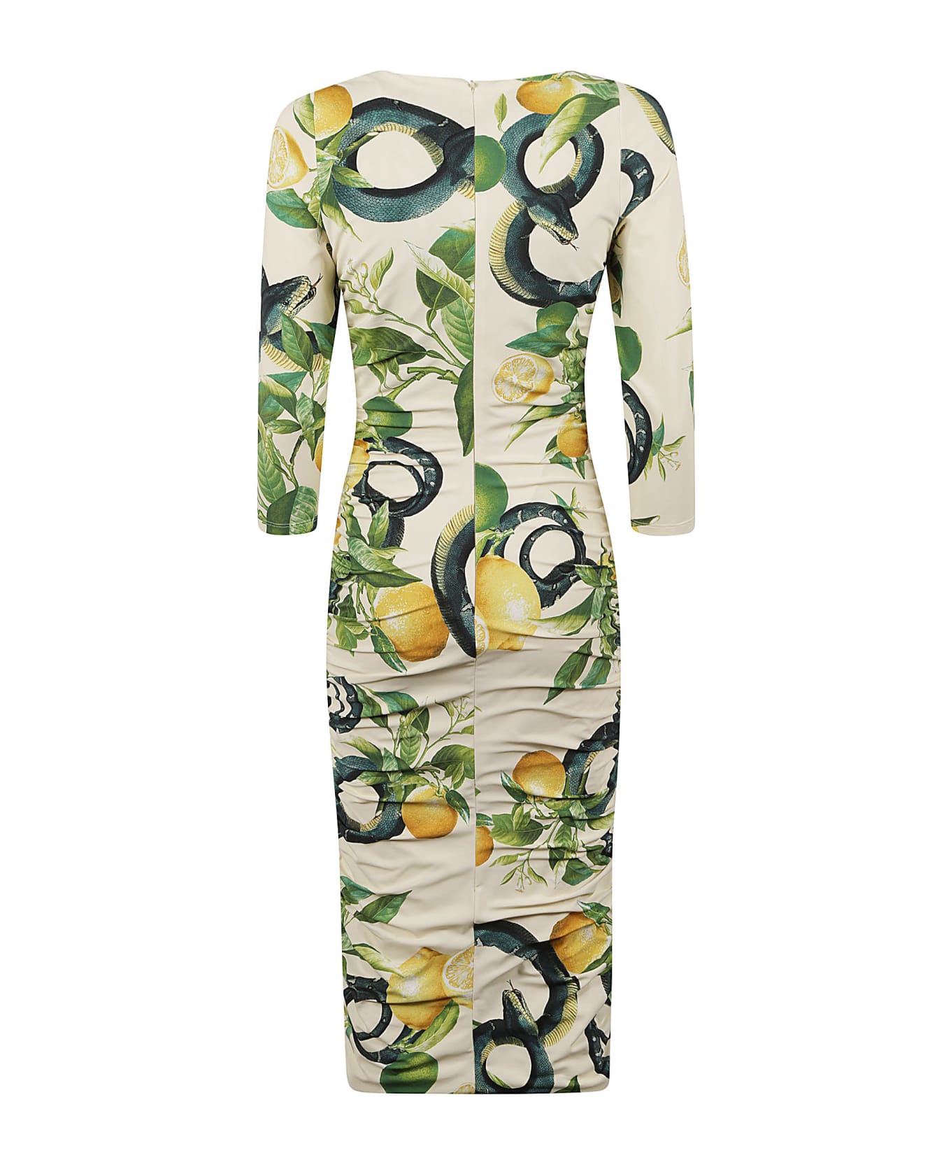 Roberto Cavalli Snake Lemon Print V-neck Dress - Avorio